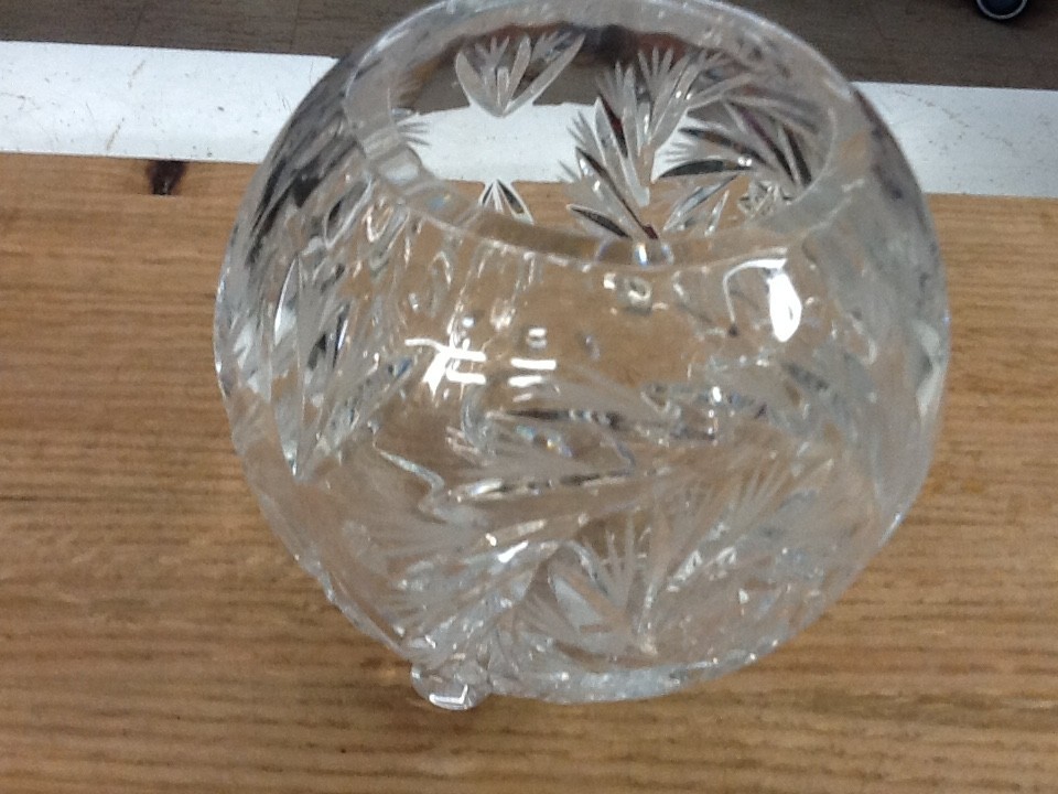 Vintage Hand Cut Lead Crystal 3 Footed Rose Bowl Whirling Star Pinwheel Pattern