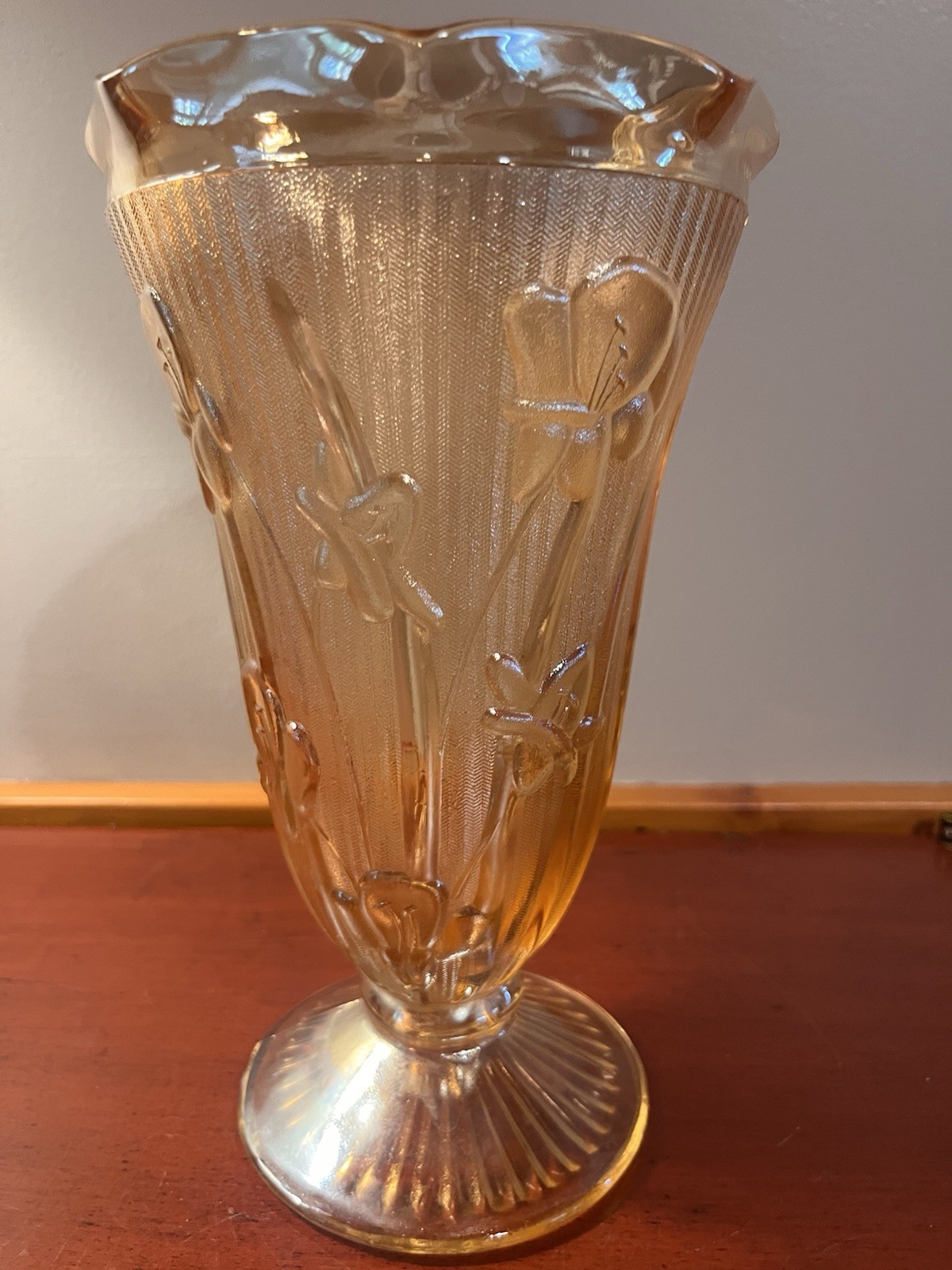 Vintage Jeannette Glass “Iris and Herringbone” pattern carnival glass vase