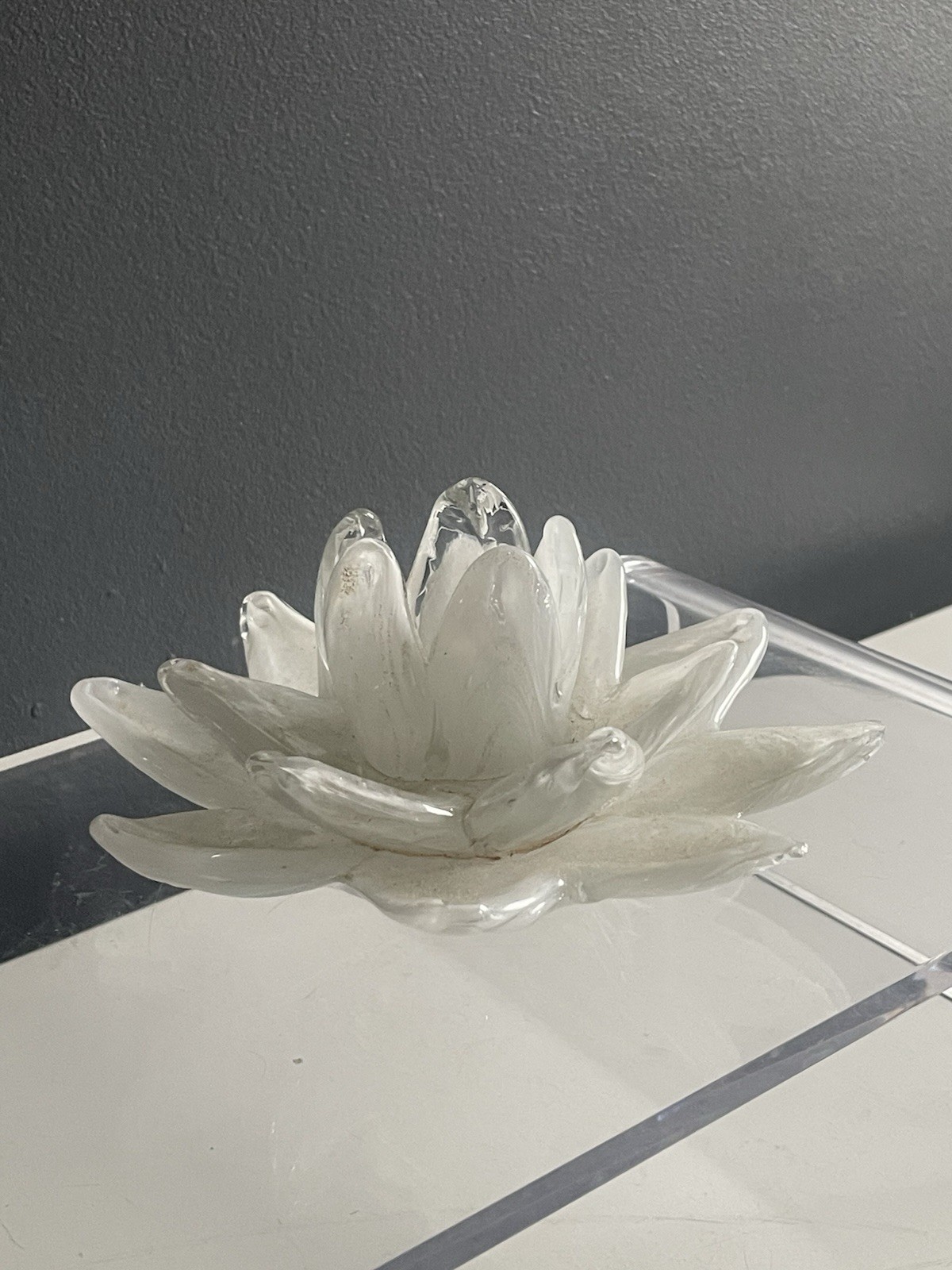 MT Glass Hand Blown White Clear Art Glass Lotus Flower Candle Holder Bowl 6.5”