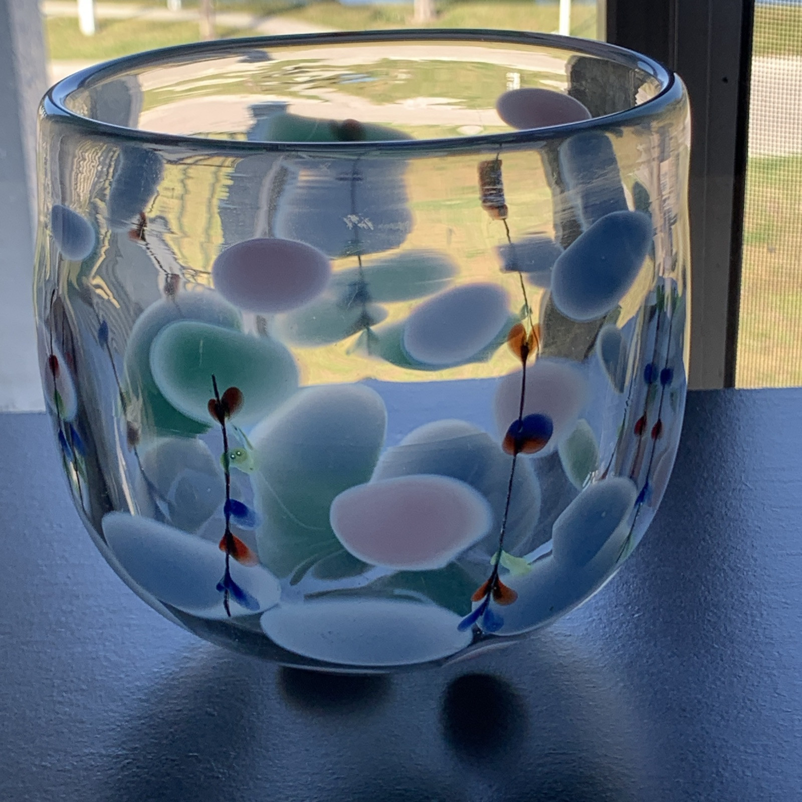 G Duncan 1985 Vase Art Glass Signed Studio Pink, Blue ,Green & Red