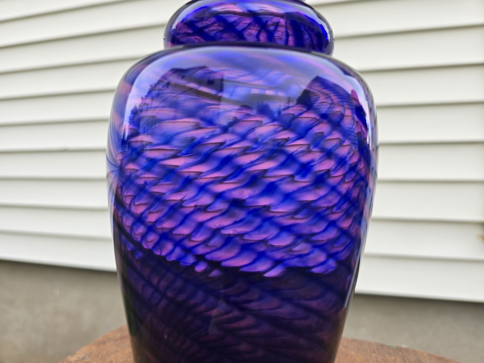 Young & Constantin Signed Art Glass Vase Purple Blue Swirl Hand Blown 9″ Studio