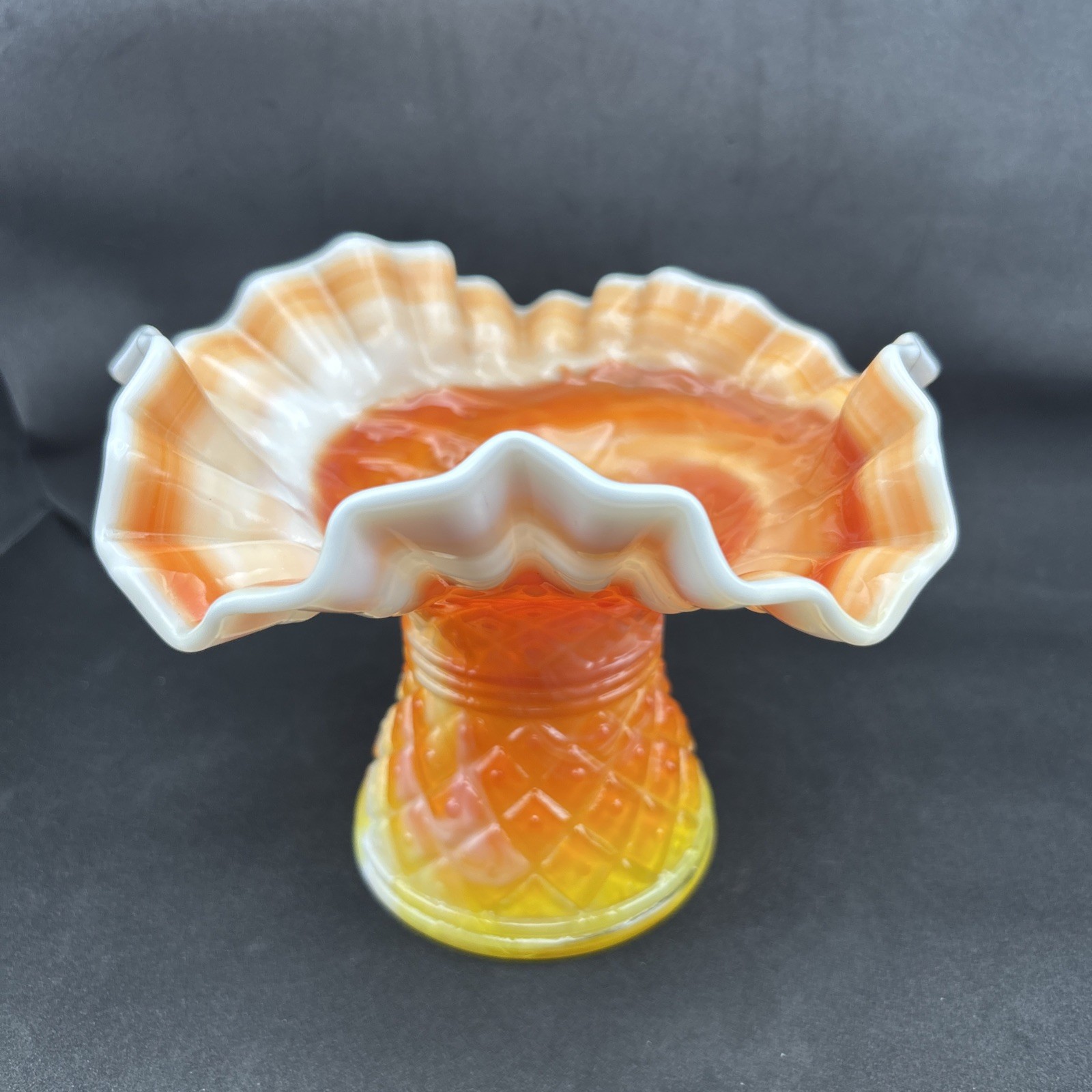 Vintage Kanawha Glass Ruffled Diamond Dot Red Orange White Slag Corset Vase