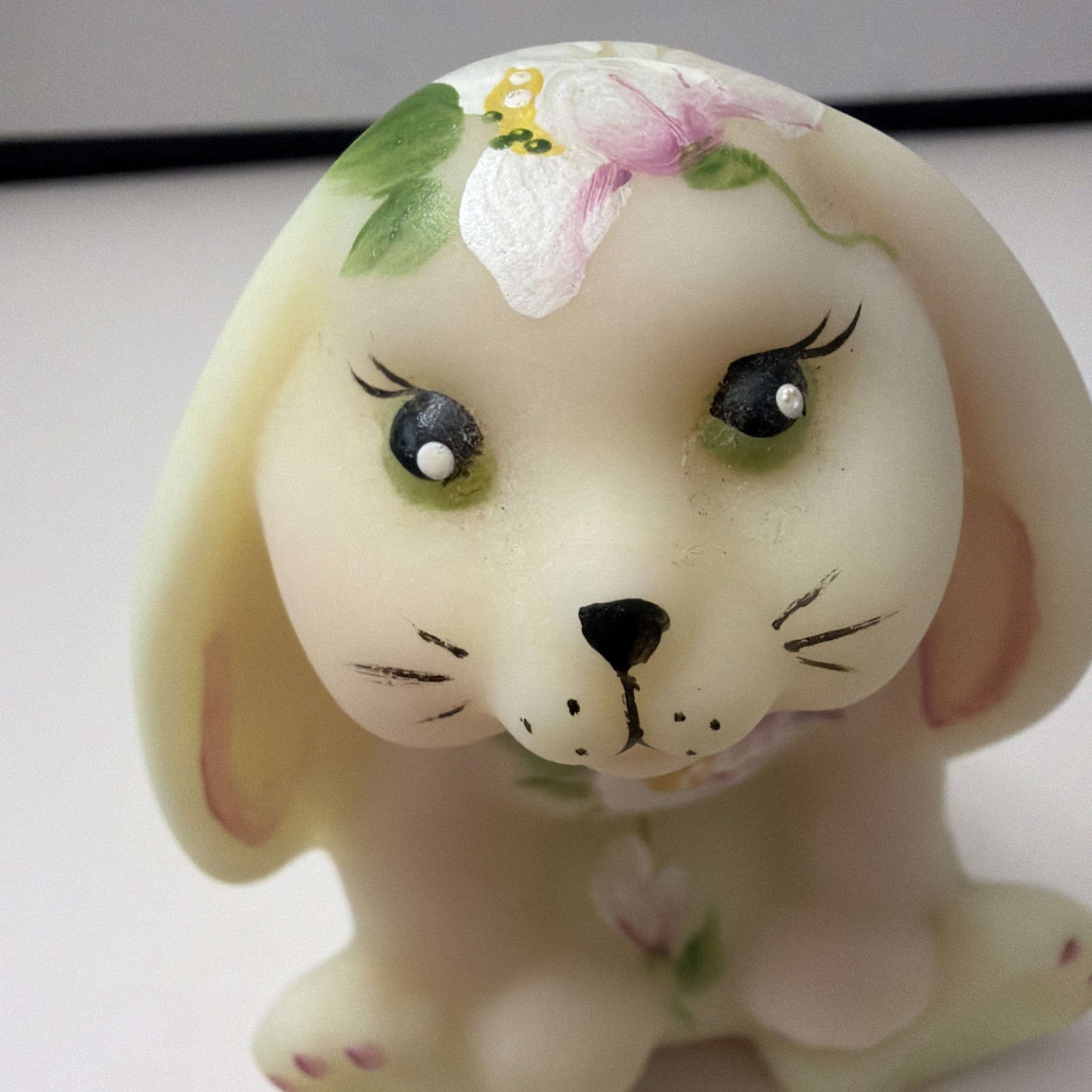 FENTON ART GLASS 2010 BURMESE SATIN LOP-EARED BUNNY FIGURINE -J. CUTSHAW