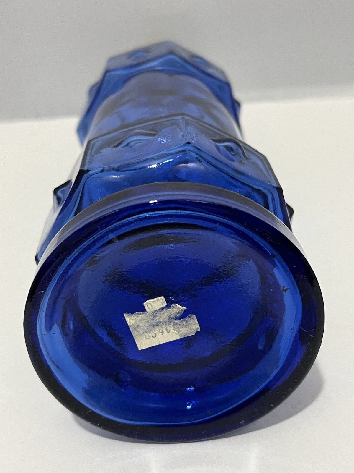 VTG Decorative embossed Cobalt blue bottle w/Cork 13″ tall Spanish?