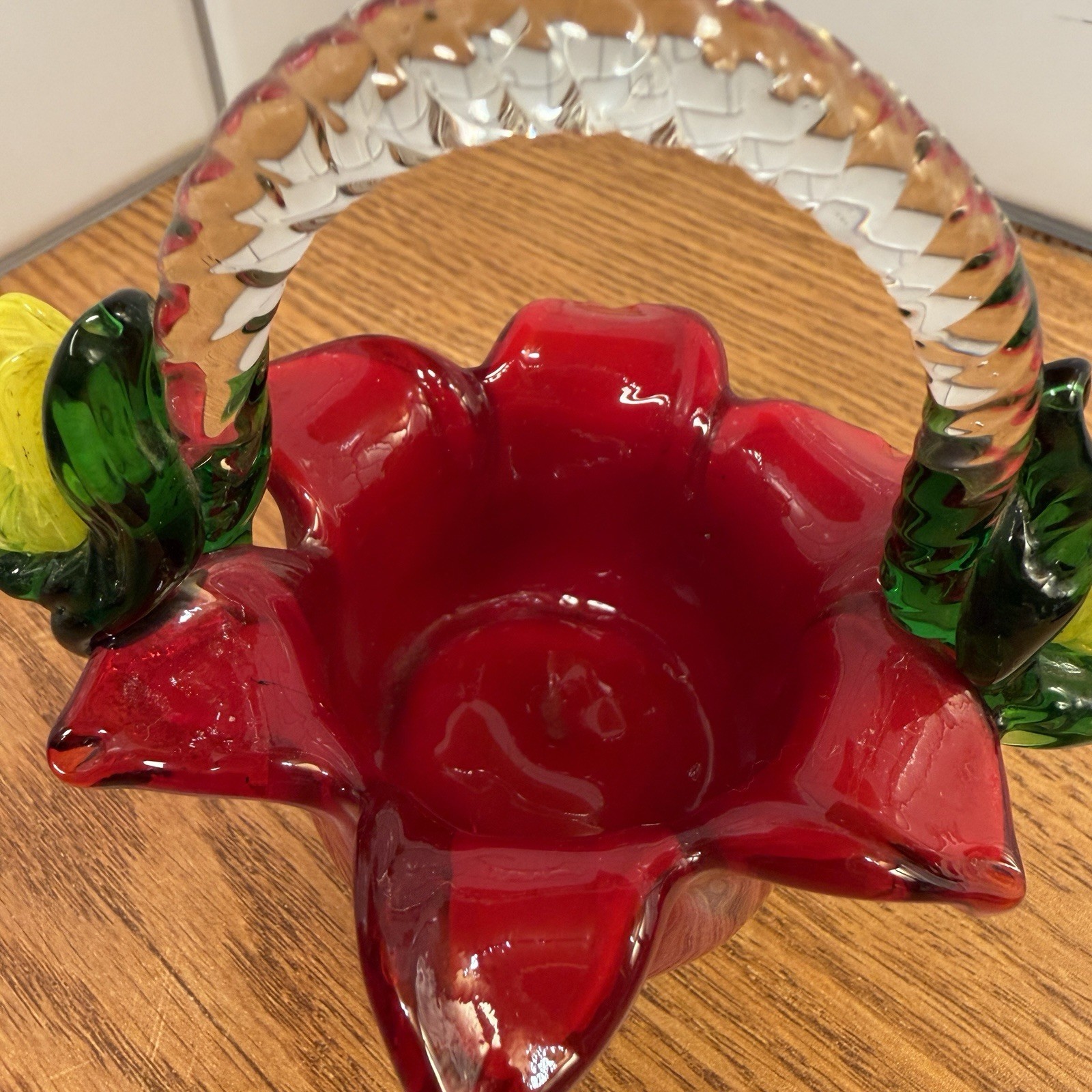 Vintage Hand Blown Flower Basket Red Green Yellow Glass Candle Holder 4.5″ Tall