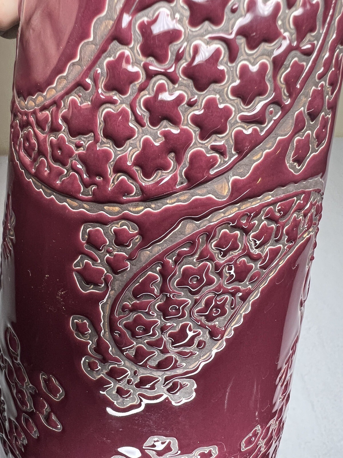 Large Ceramic Art Vase Maroon Etched Floral Pear Shaped 13.75” Eclectic Boho