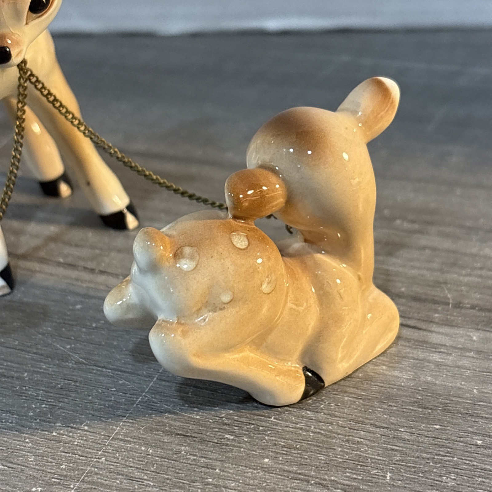 Vintage Japan 4.5 Inch Deer Figurines Chained Together Doe And Fawns.