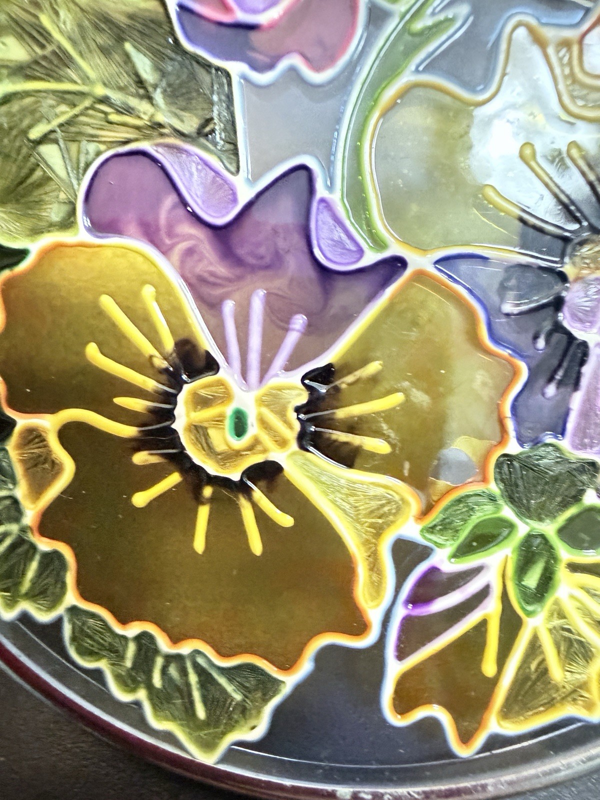 Amia Stained Glass Yellow & Purple Painted Pansy Round Hanging Decor 3.25 in