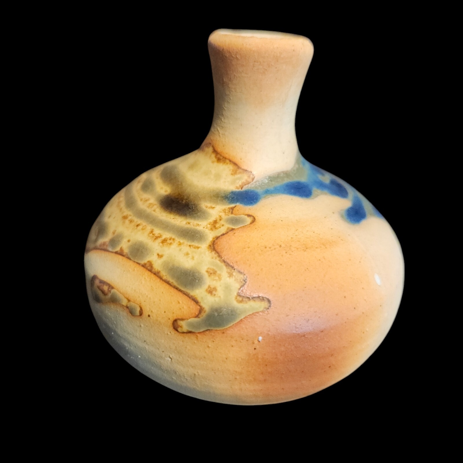 Studio Art Pottery Vase Drip Glaze 3.5″ Blue White Rust Tan Bud Rustic Vessel