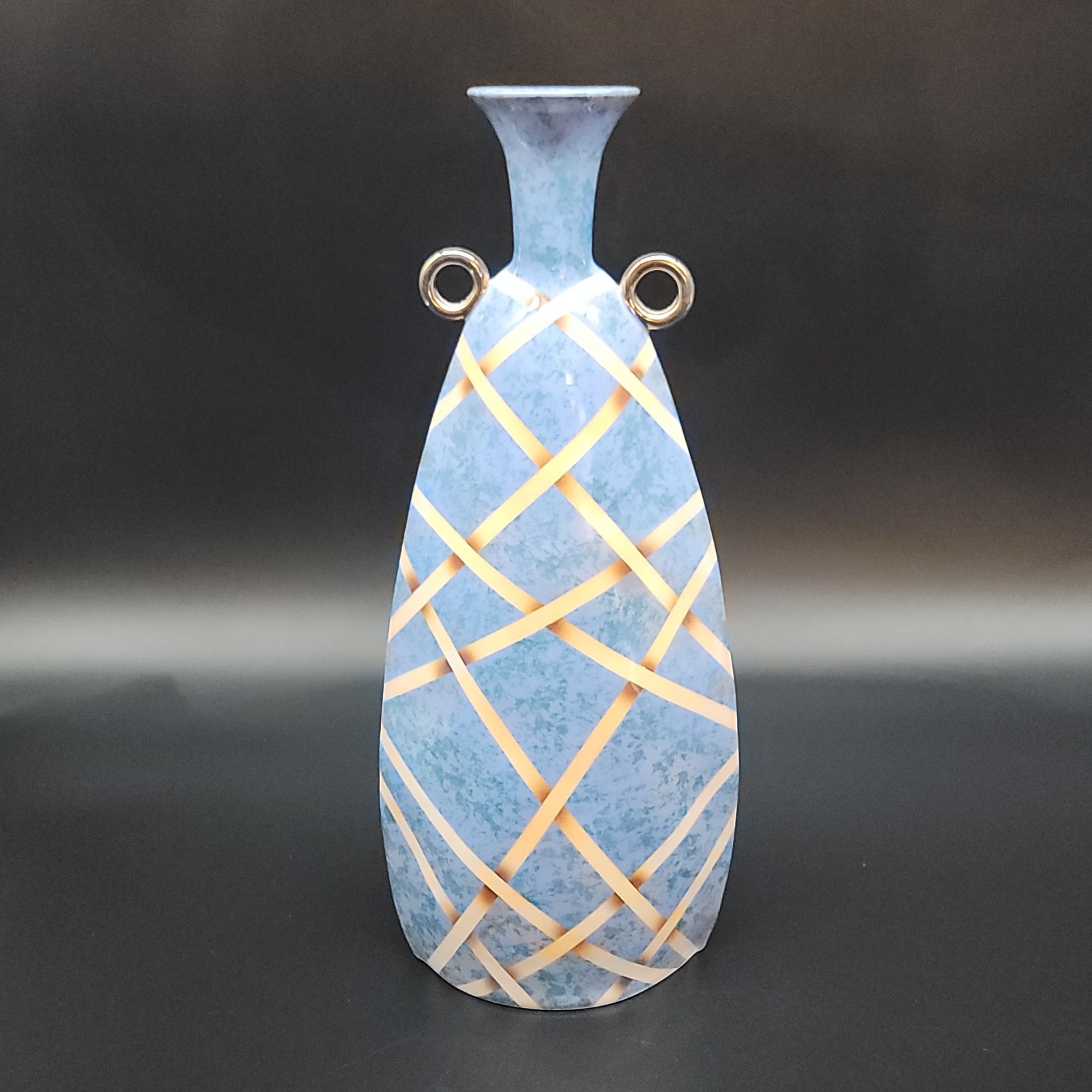 Signed Modern Blue Tan Ceramic Vase W/ Gold Loops & Ribbon Design 12.5″ Tall