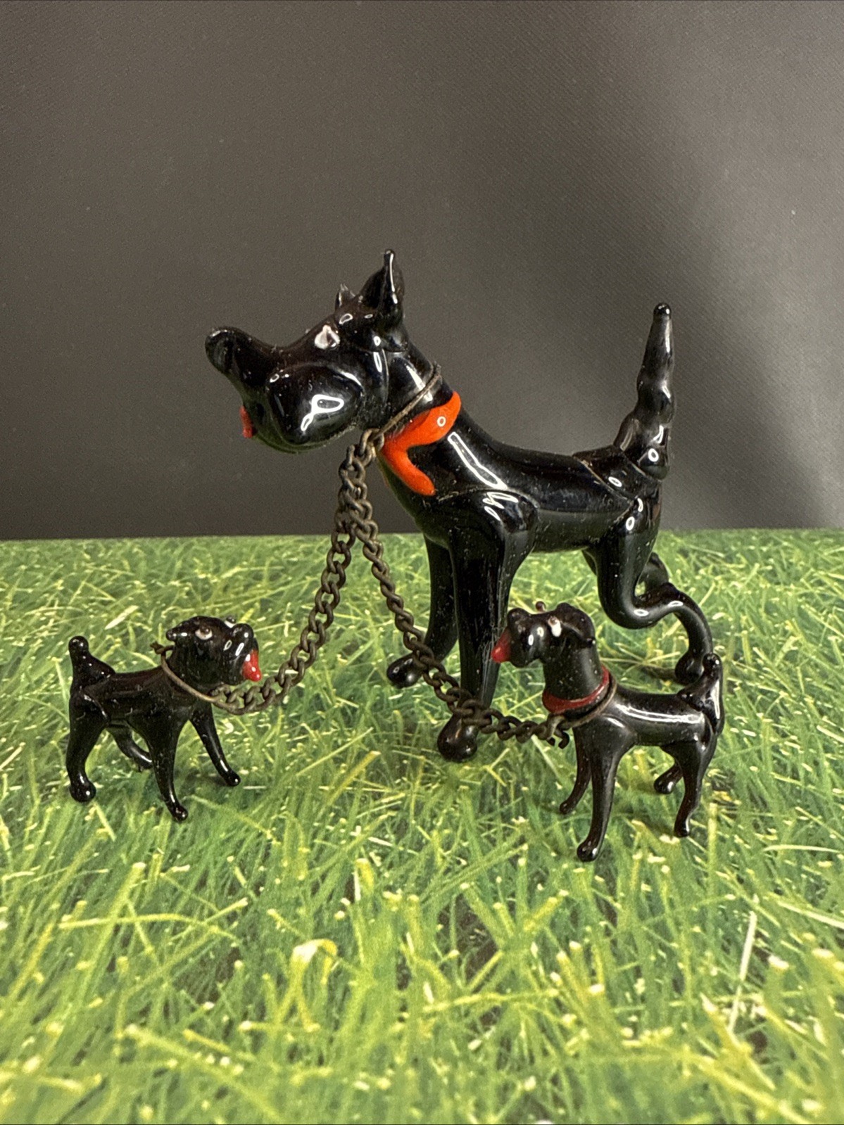 Occupied Japan HandBlown Glass Black Dog Family Of 3 Chains Puppies