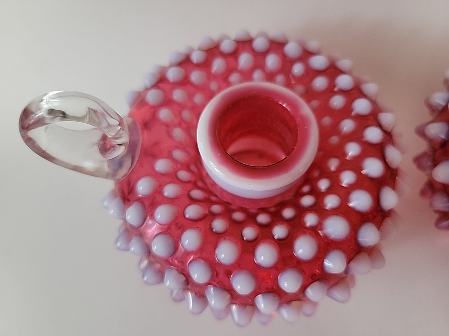 2 Vintage Fenton Cranberry Hobnail Opalescent Candlestick Holders Finger Loop