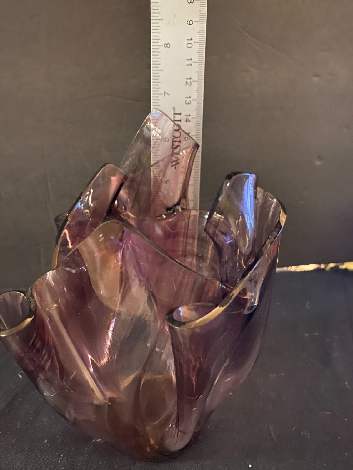 Retro Modern Art 7” Amethyst Glass Hand Made Handkerchief Vase~Signed D. Everson