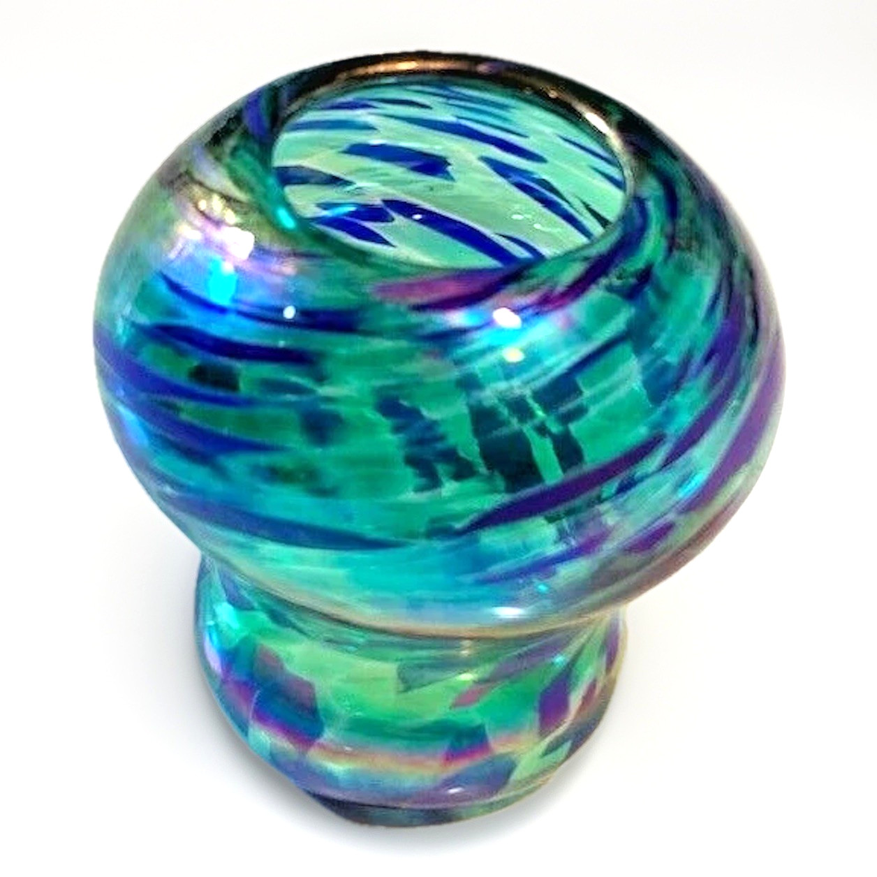 VTG Art Glass Vase Iridescent Blue Swirl Boho MCM Coastal New Orleans Signed 3″