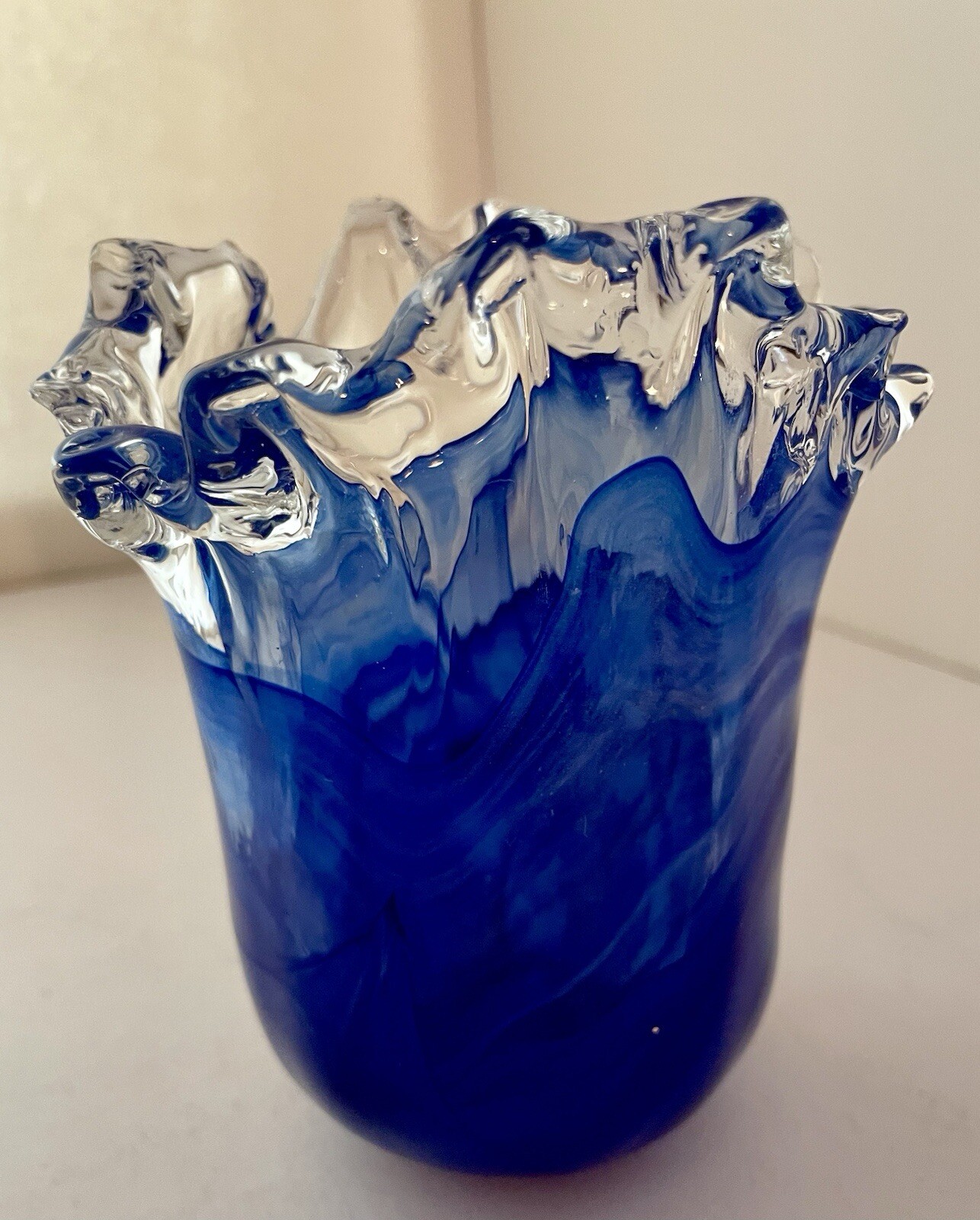 Murano White Cristal Cobalt And Clear Made In Italy Glass Vase