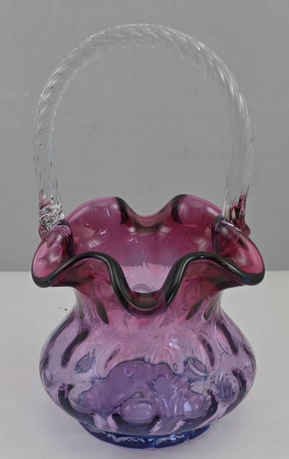VTG Fenton Mulberry Basket Cranberry To Purple To Blue Coin Dot Twisted Handle