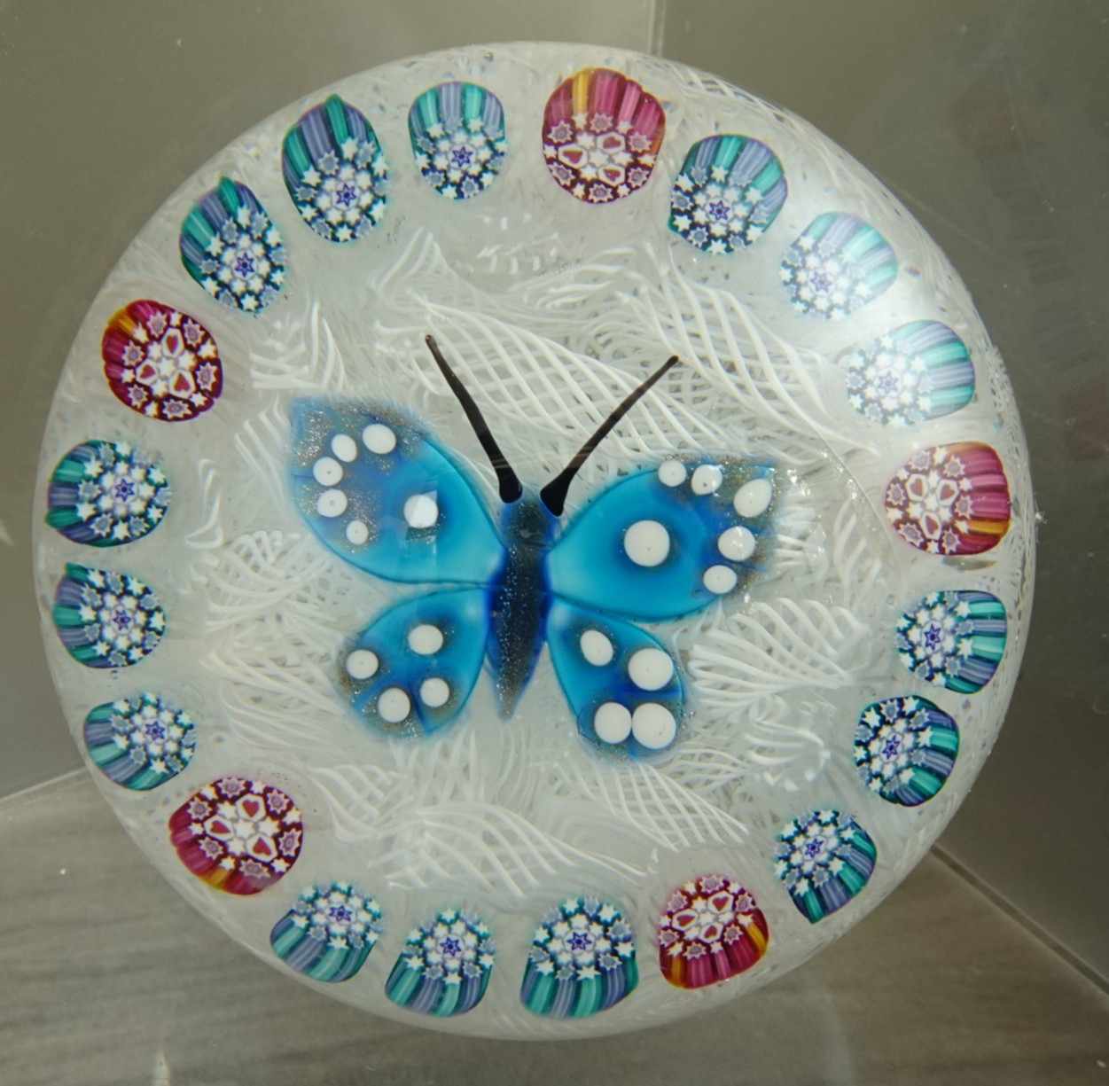John Deacons Art Glass Butterfly Millefiori Latticino Paperweight Scotland