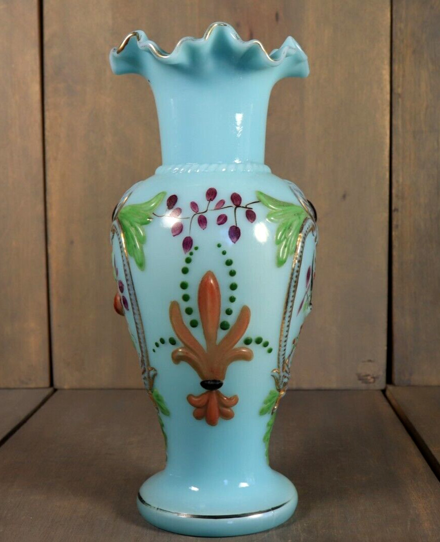 Antique French Blue Opaline Vase Glass Enameled Bird Victorian -Ships DDP to USA