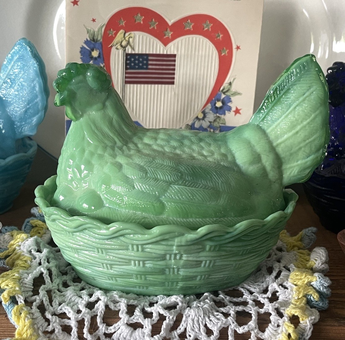 Green Jadeite Slag Hen On Nest HON Covered Dish 6 Inch Possibly Wright