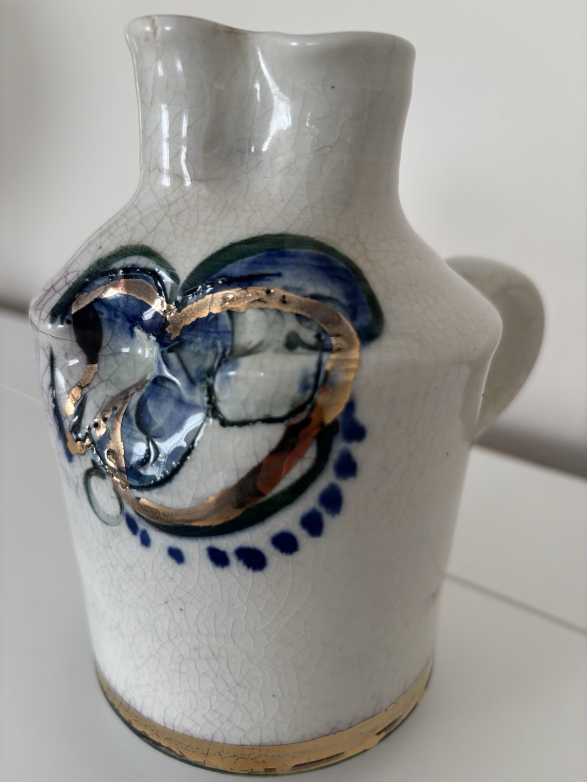 Mid-Century Modern Art Pottery Small Jar Hearts, Flowers gold , blue white