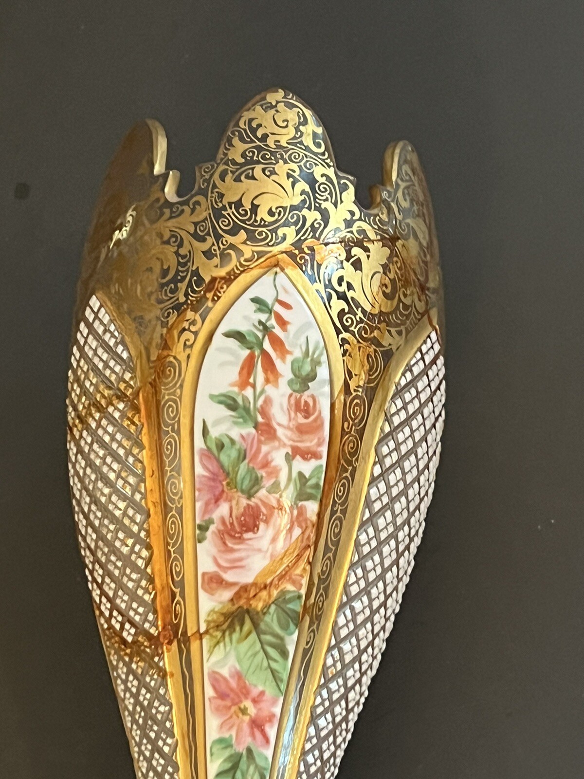 Antique Bohemian Czech Vase Handpainted Enamel Repaired Signed As Is Wheel cut