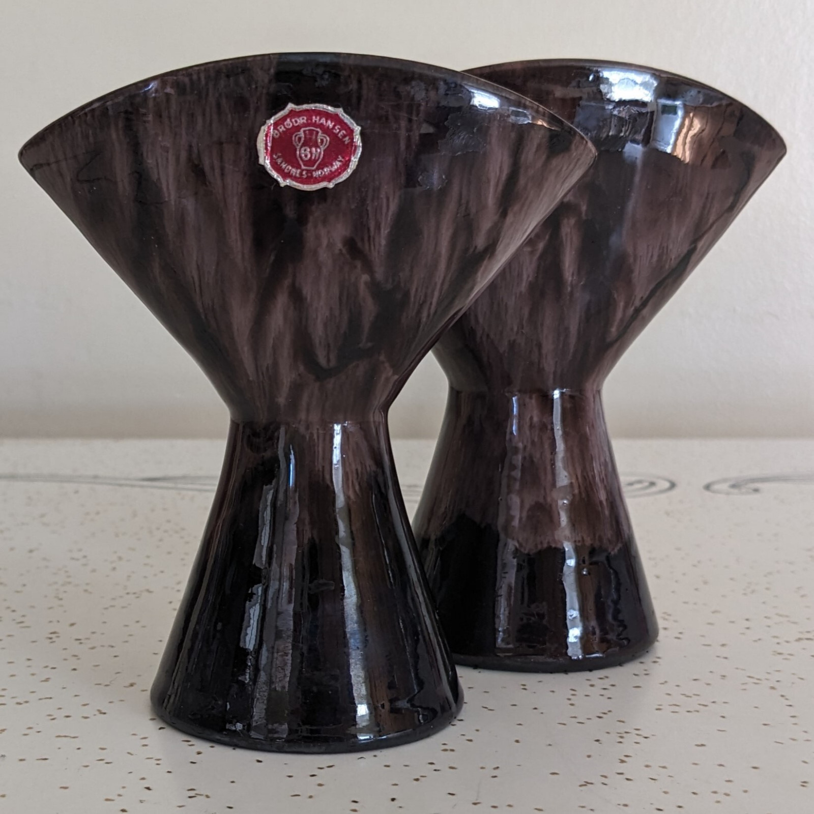 Vase 2 Fan Shaped Brown Flame Glazed 4 5/8 in Tall 2 1/4 in Base 4 1/8 in Top
