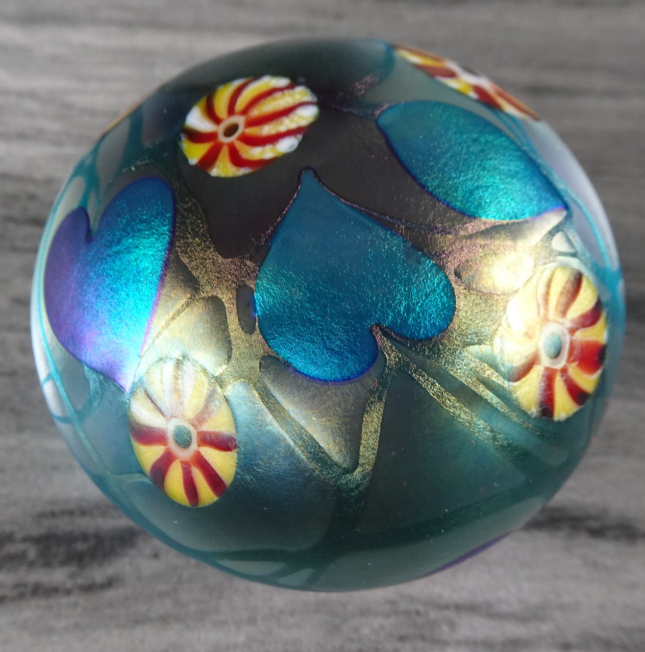 Signed David Lotton 1977 Blue Aurene Heart & Vine Iridescent Paperweight