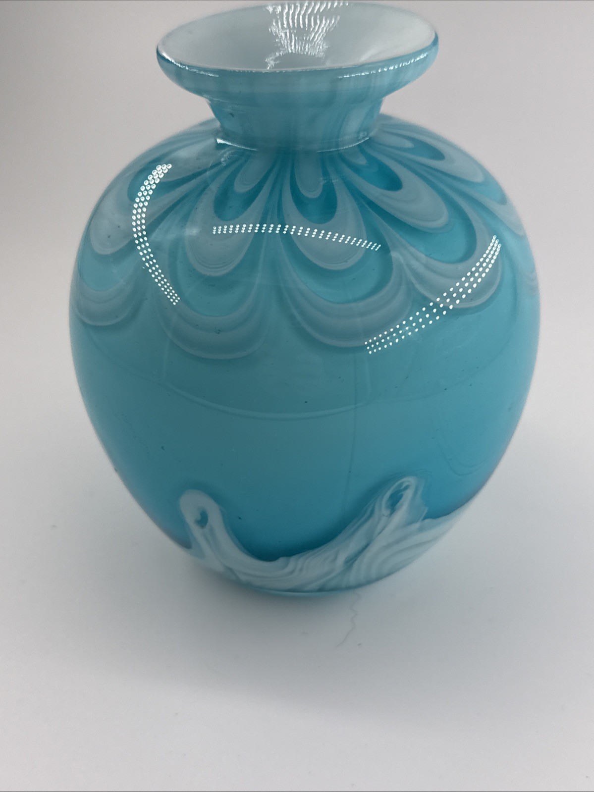 Turquoise And White Swirl White Case Hand Blown Art Glass Vase 5 Inches Tall