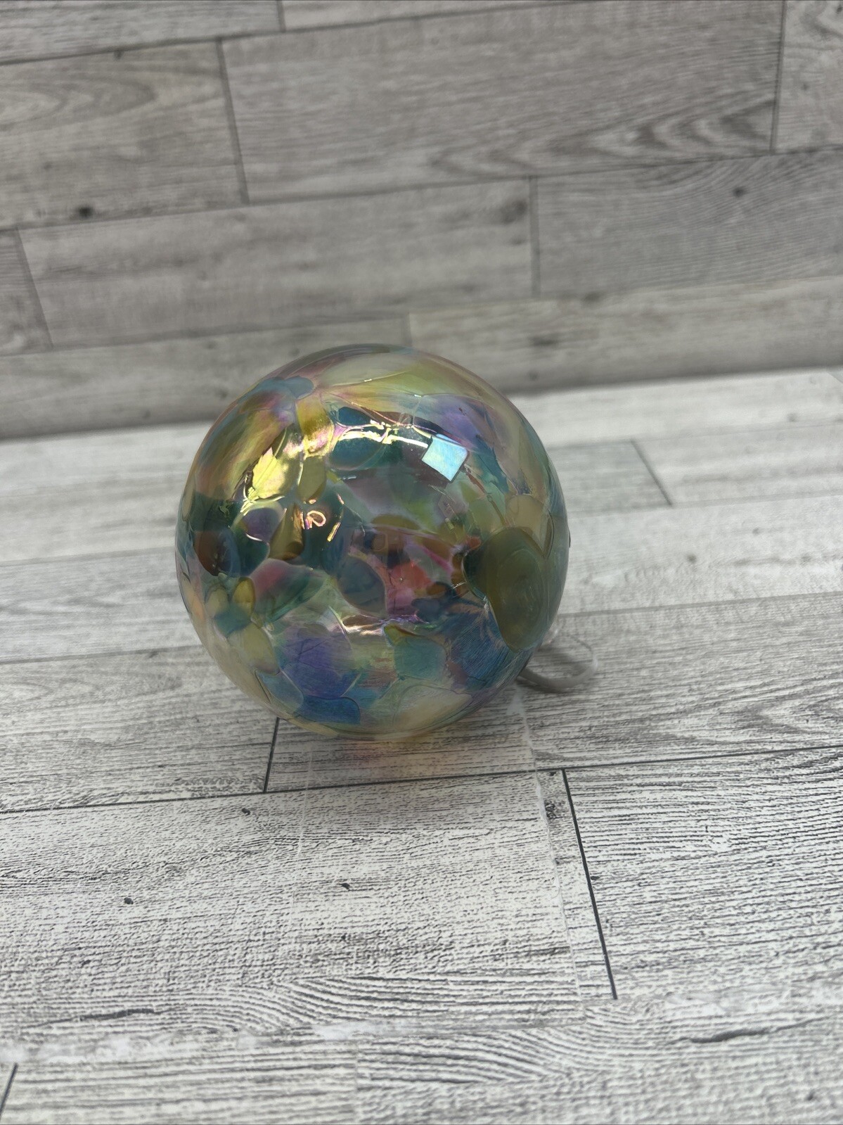 Hand Blown Art Glass Gazing Ball Blue Orange Iridescent 3.5″Ornament Sun Catcher