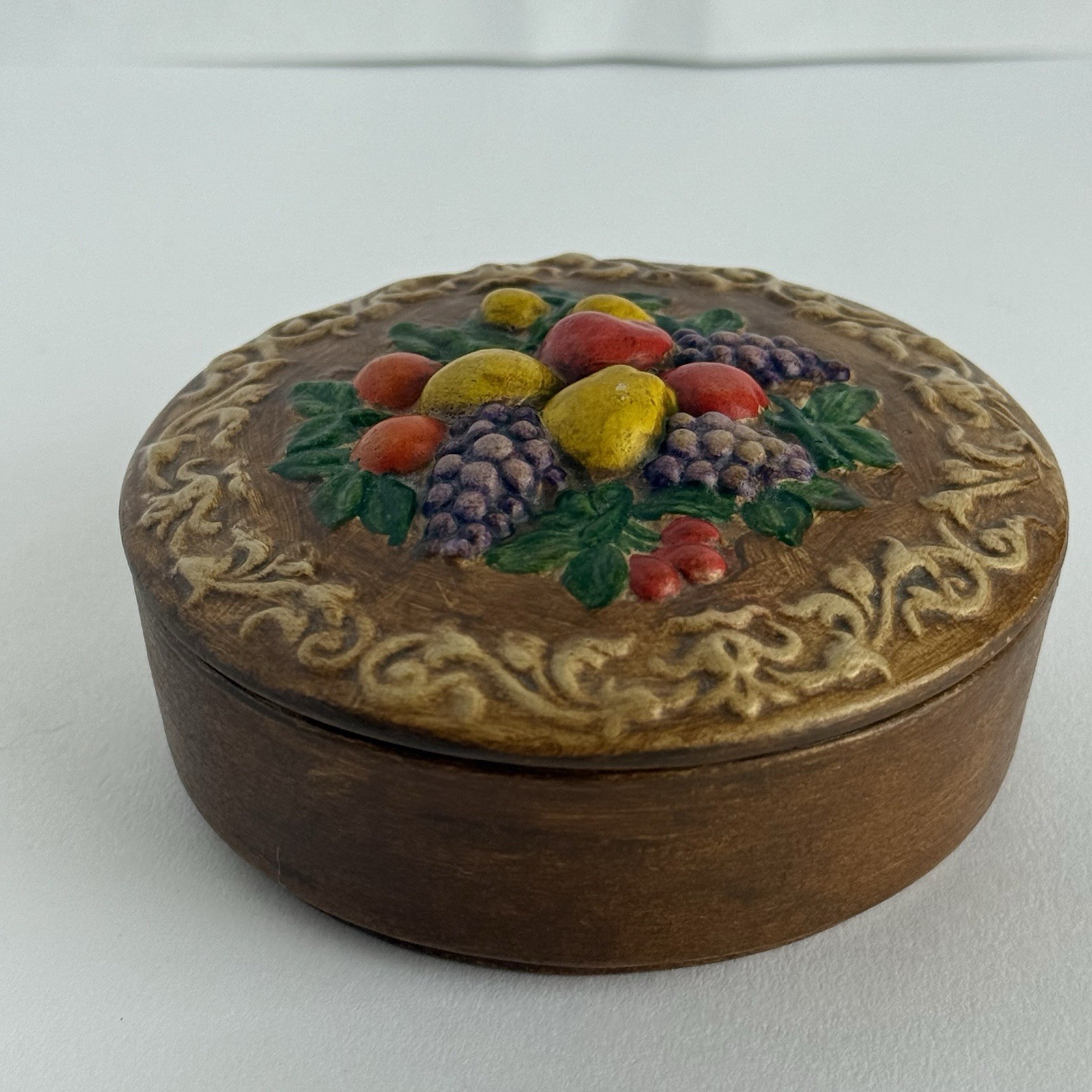 Vintage 1983 Signed Hand Painted Sculpted Ceramic Lidded Trinket Jewelry Box