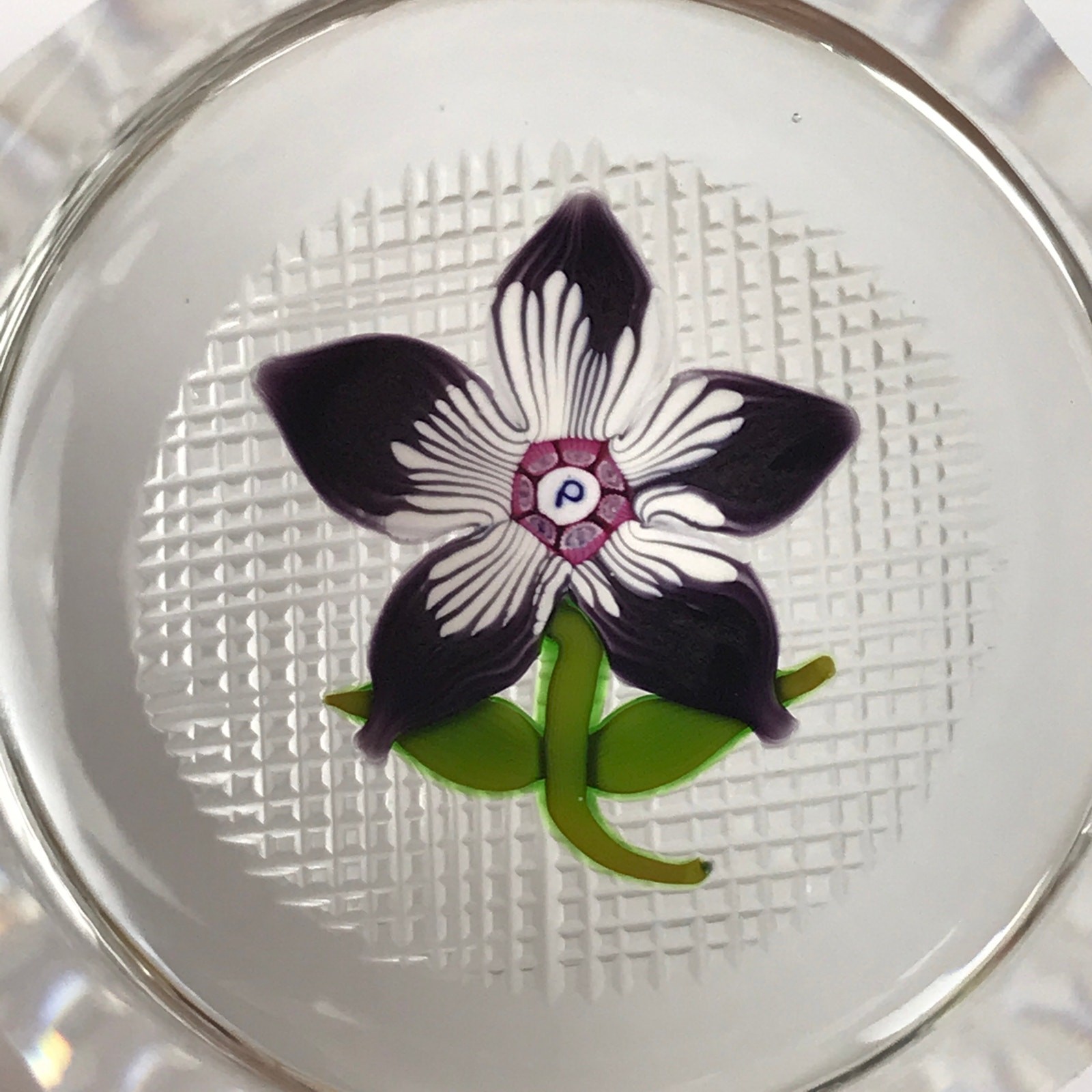 Perthshire 1973E Miniature Flower Lampwork Dark Purple Floral Facet Paperweight