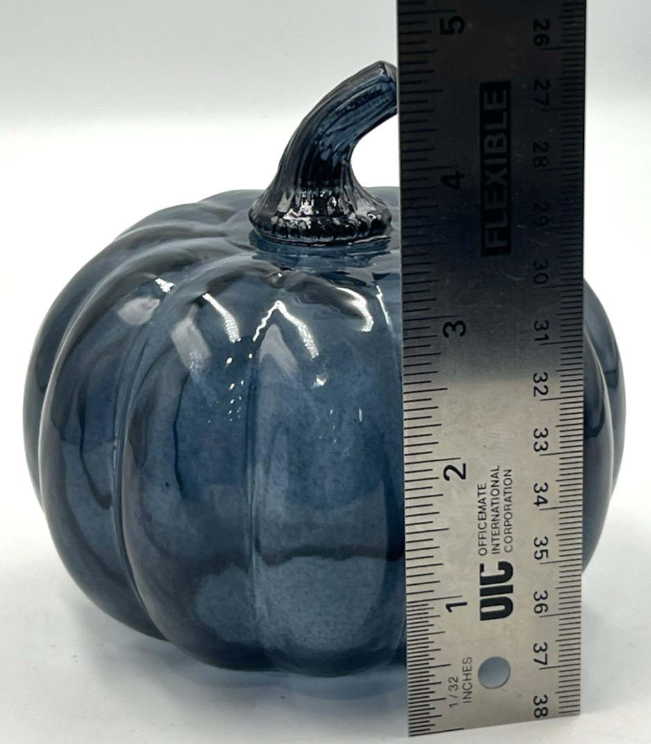 Glass Pumpkin Figurine Sculpture Decor Dark Blue Smokey Grey 4.5″ T x 4.75″ W