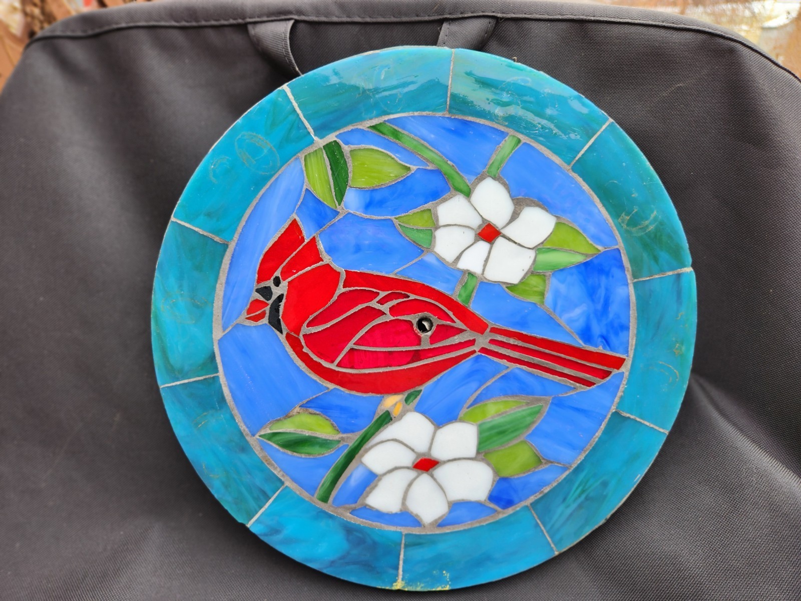 Vtg Handmade Stained Glass Red Cardinal Bird 11″ Art Flowers Round Ceramic Lid