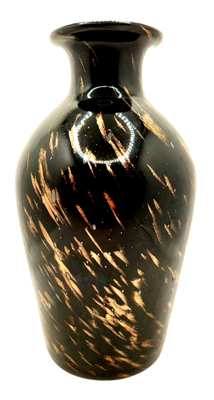 Vintage 1960s Black Gold Italian Adventurine Hollywood Regency Art Glass Vase 8″