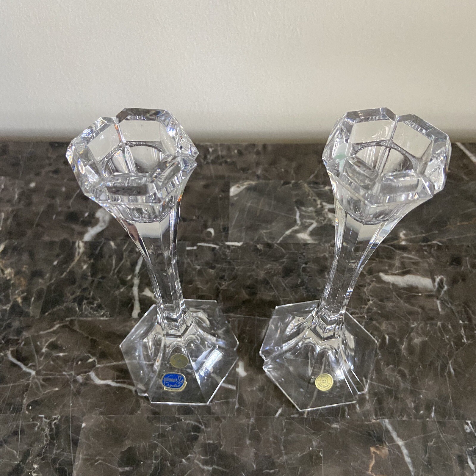 Crystal Candle Holders Czech Bohemian 8 1/8” Pair Hand Cut 24% PBO