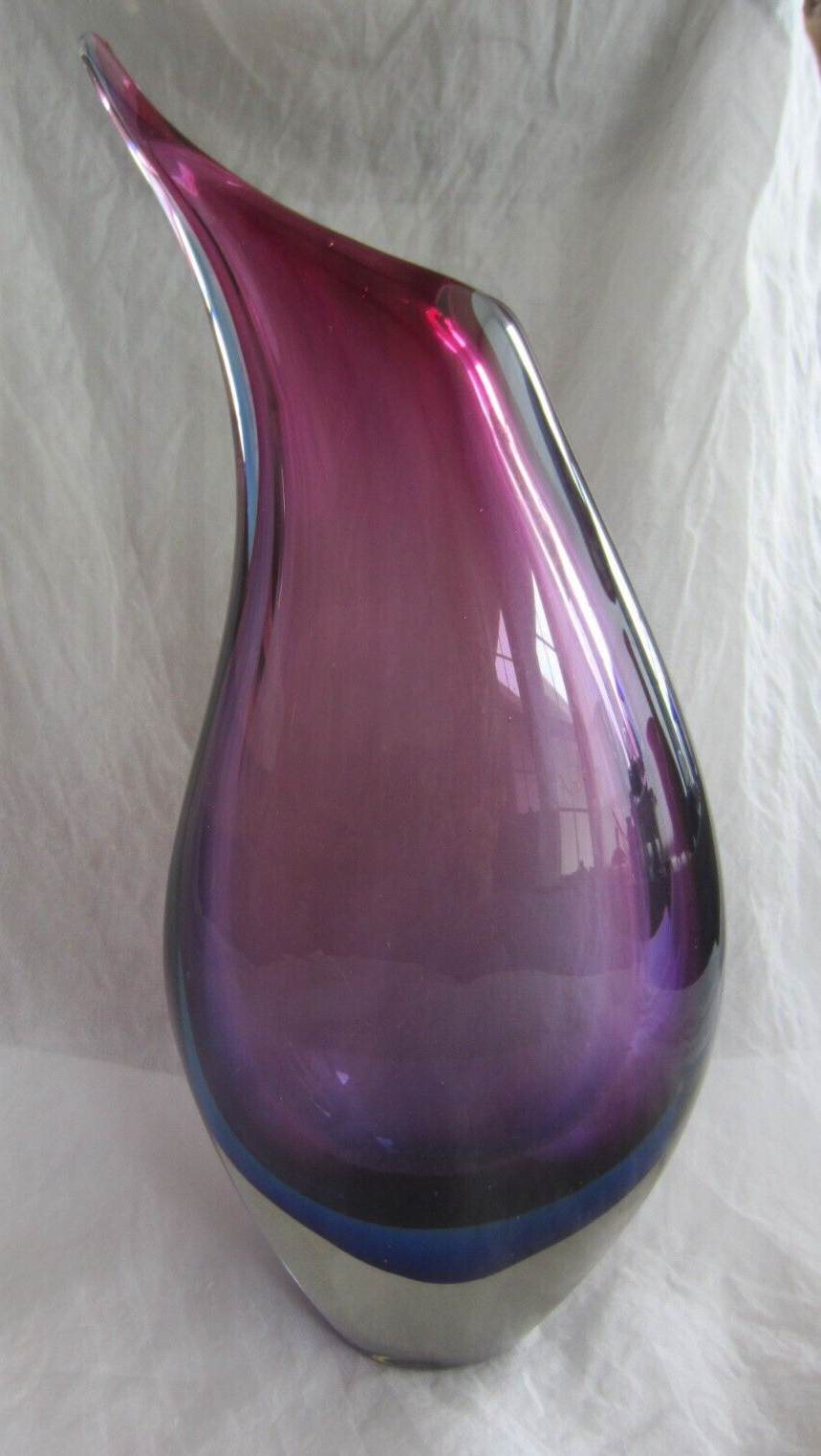 Modernist Sommerso Teardrop Tall Art Glass Vase Purple Blue Heavy 16″