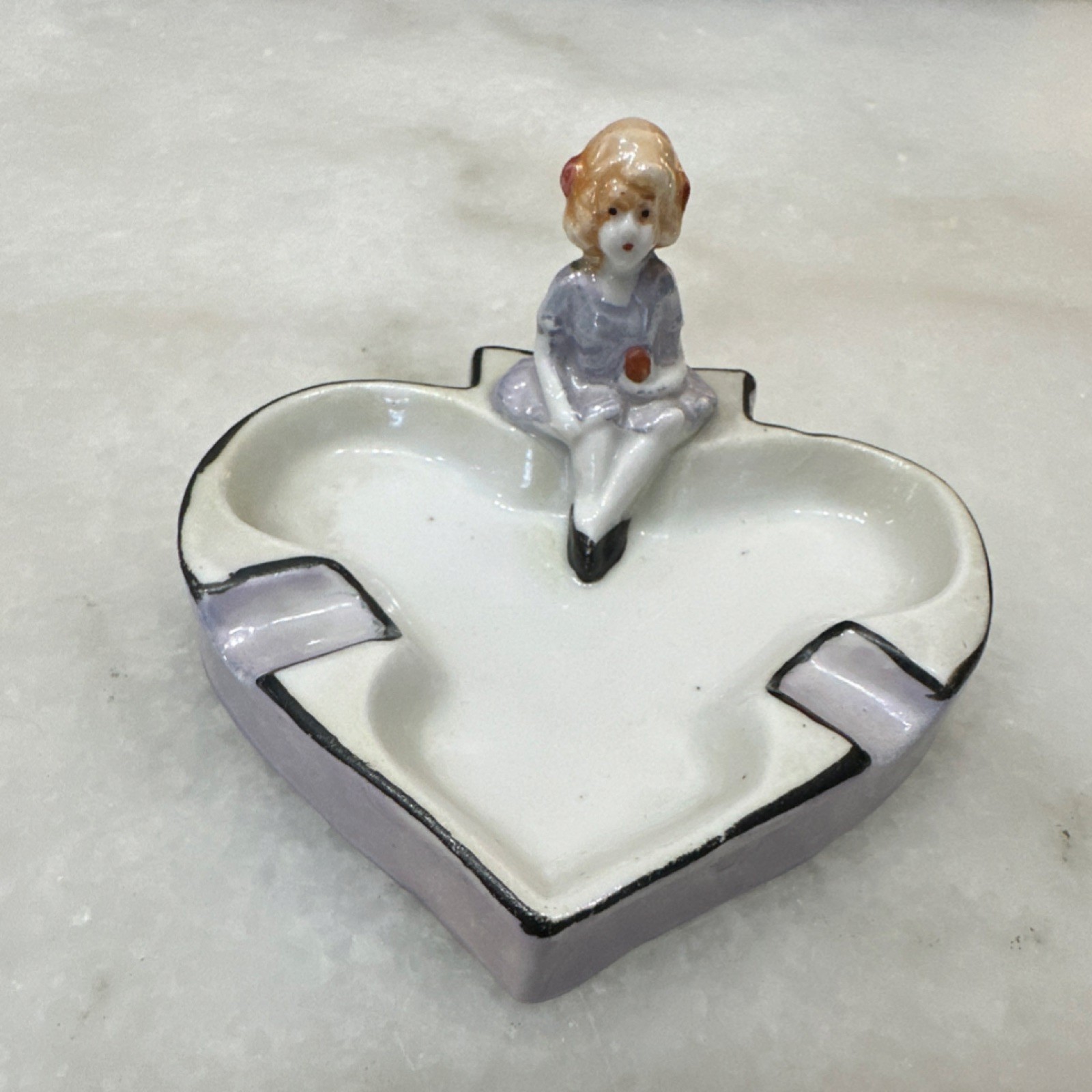 Heart-Shaped Ceramic Ashtray Girl Figurine Decorative Glossy Pottery 3.5”