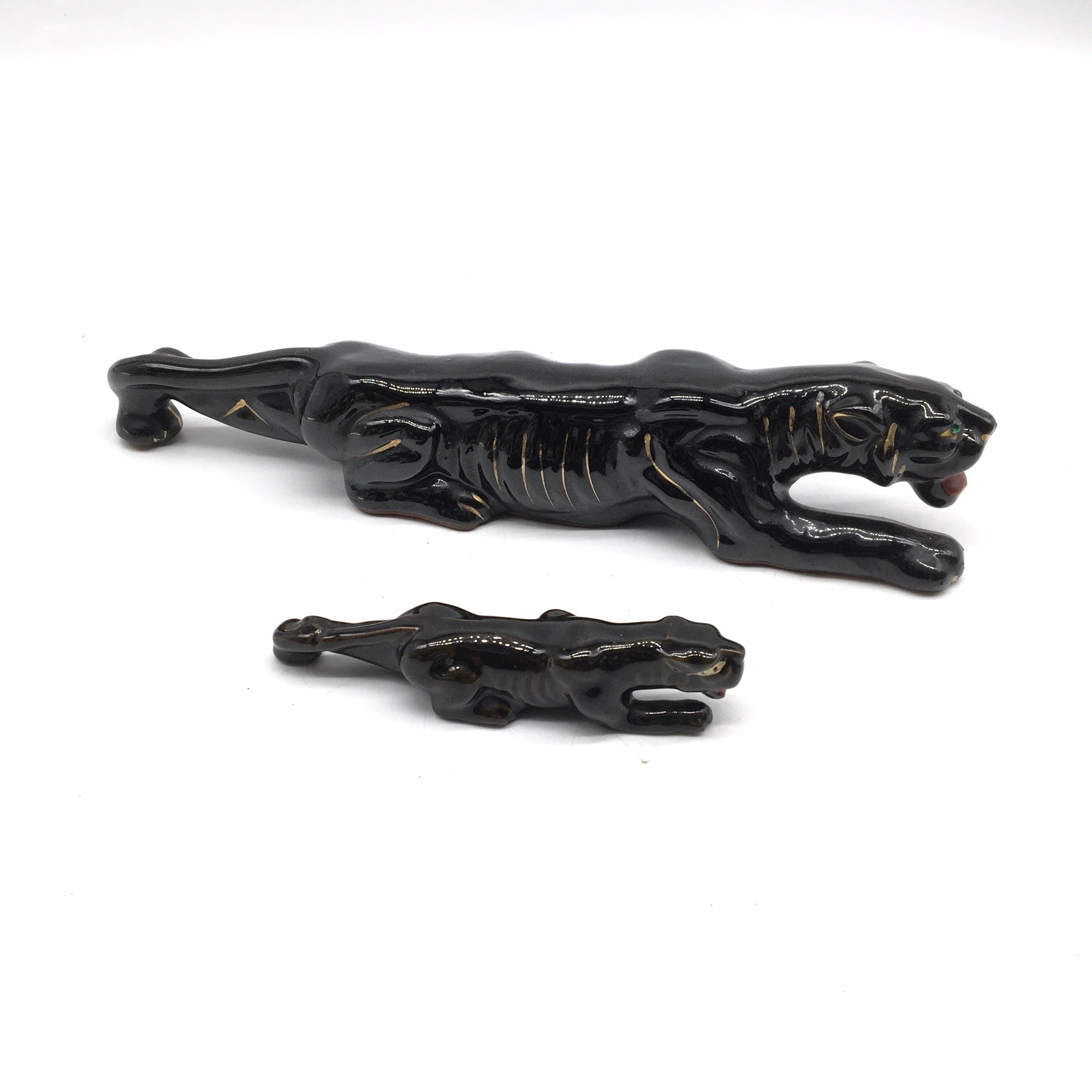 2 MCM Pottery Stalking Black Panther Green Jeweled Eyes `12” And 5.5” Redware