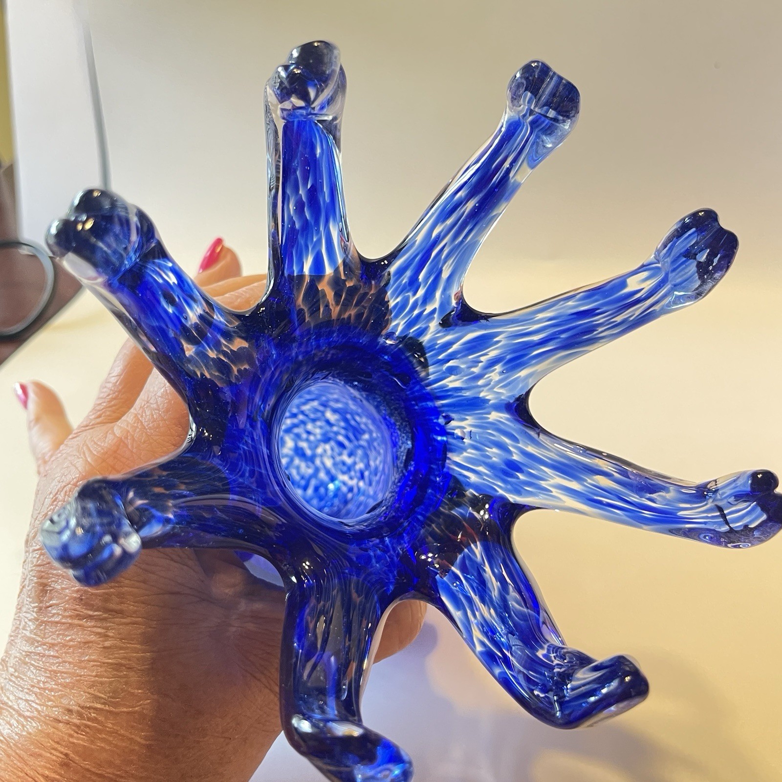 Hand Blown Cobalt Blue Art Glass Octopus Sculpture 7” X5” 2.6 lb Murano Style