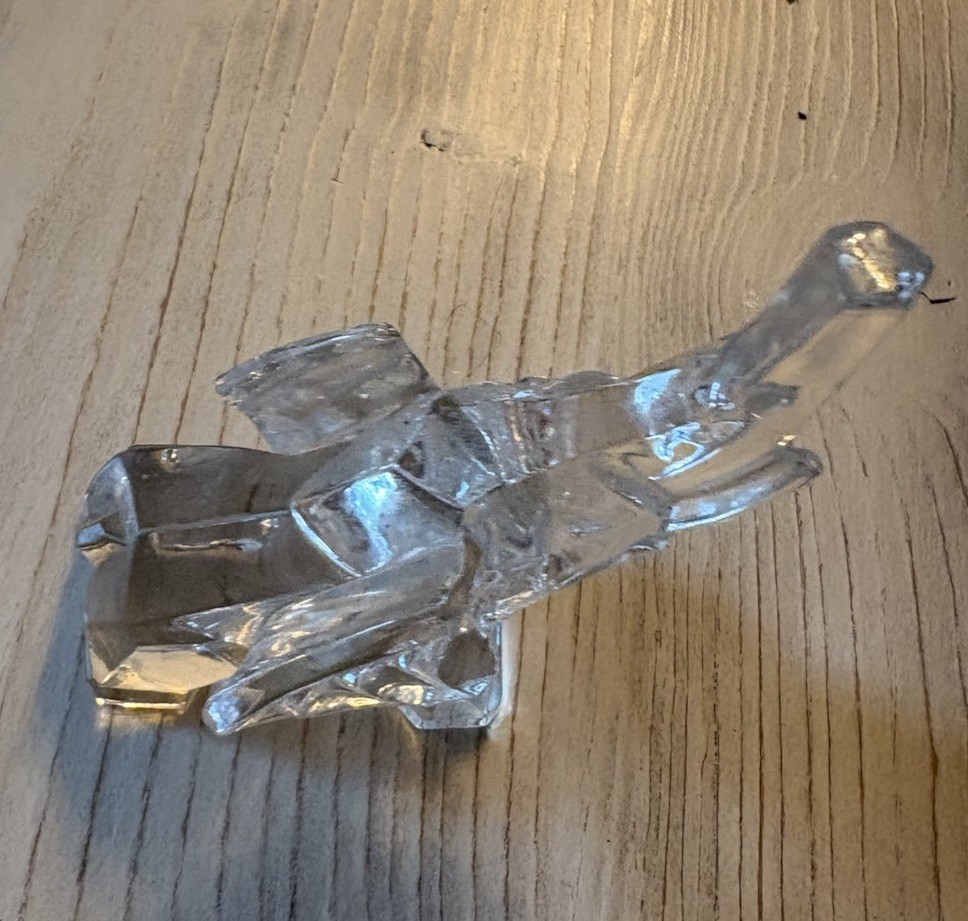 Clear Cut Glass Crystal Elephant Trunk Up Paperweight & Tiny Pewter Elephant