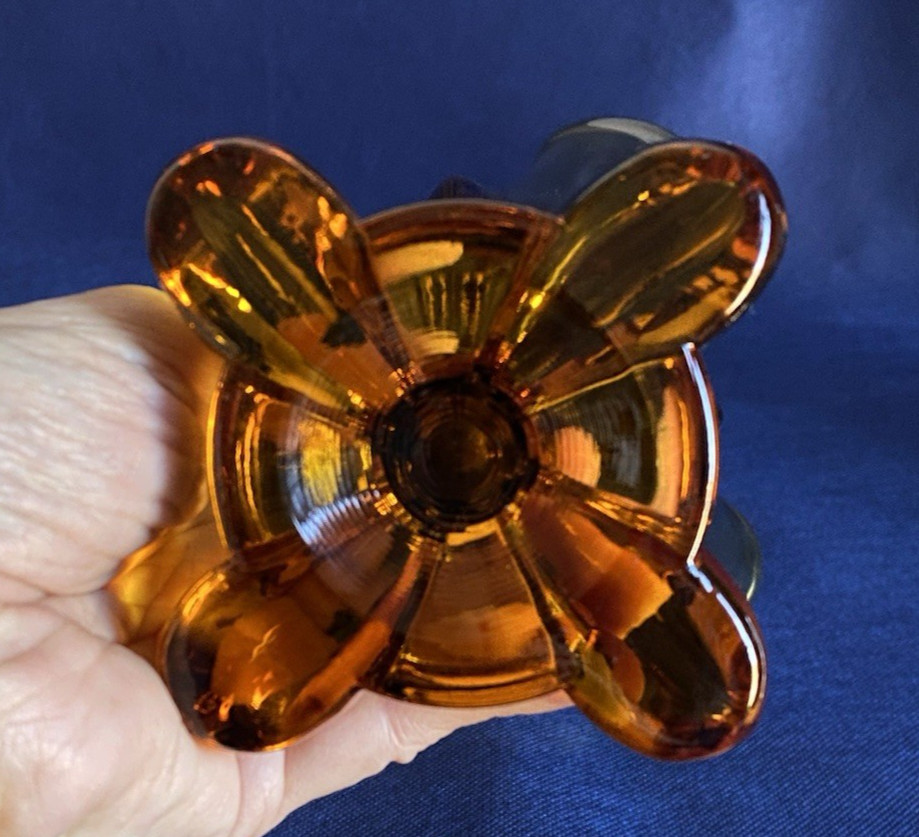 Vintage MCM Viking Amber Swung Glass Vase 10.5″ in Epic 4 Petal Footed