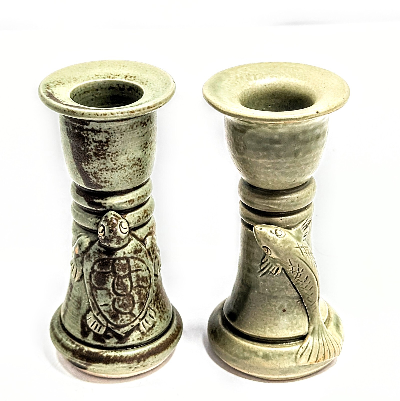Artisan Hand Thrown Pottery Turtle Fish Taper Candlesticks Bahali 5″