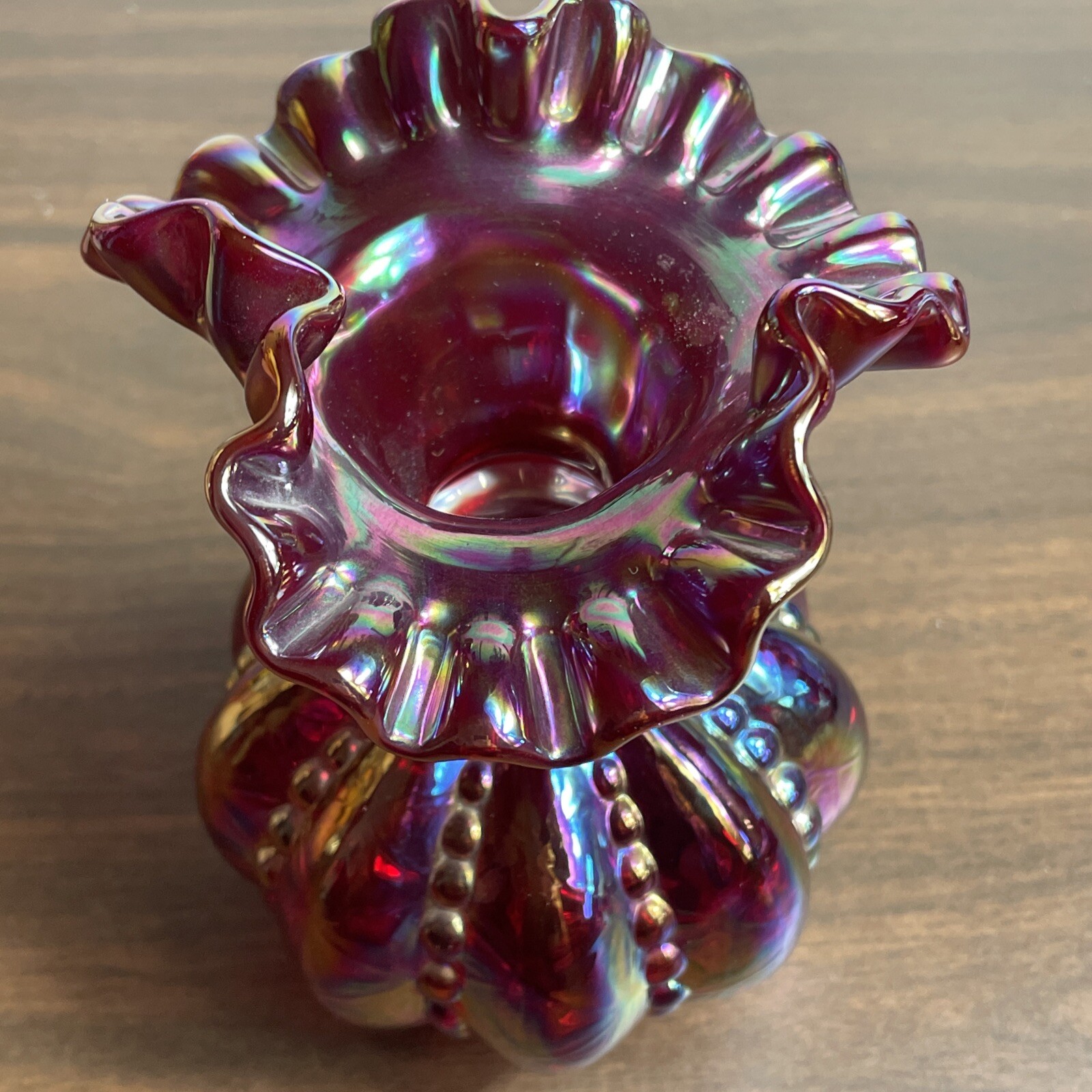 Vintage Fenton Red Carnival Glass Beaded Melon Vase 6″