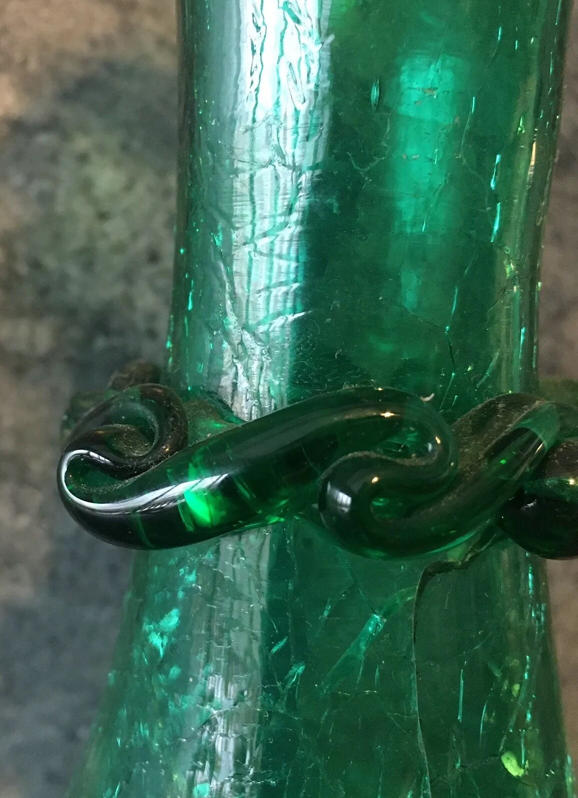 Vintage Crackle Art Glass Vase 7.5” Tall Emerald Green 3D Applied Rigoree EUC