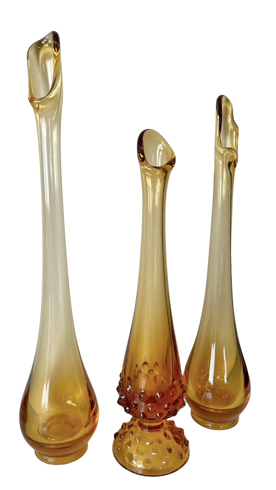 Fenton And Stretch Swung Amber Hobnail Glass Bud Vase Lot Of 3 Mid Century