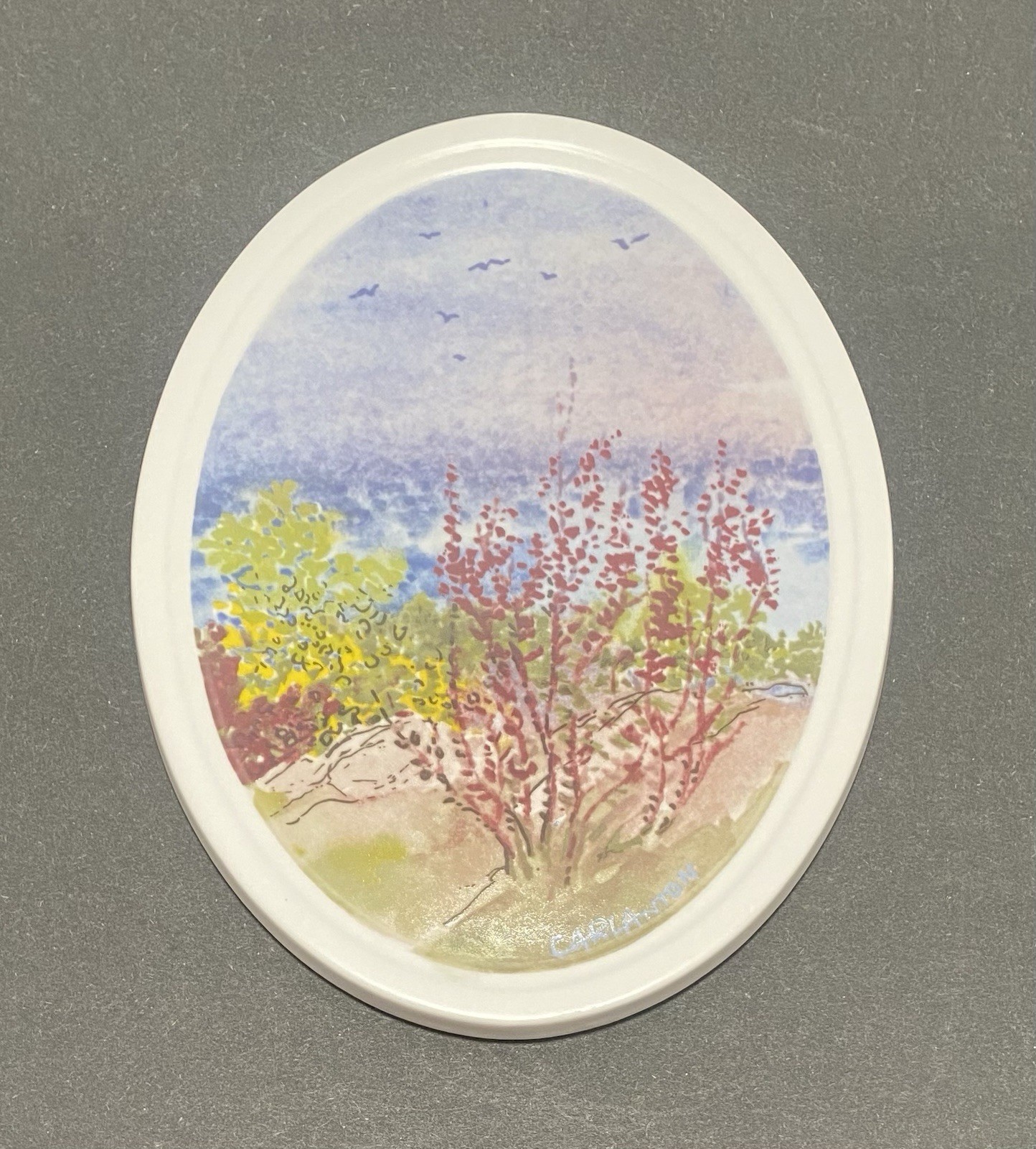 Vintage Swedish Rorstrand Carl Anton Ceramic Oval Seadside Wall Plaque Sweden
