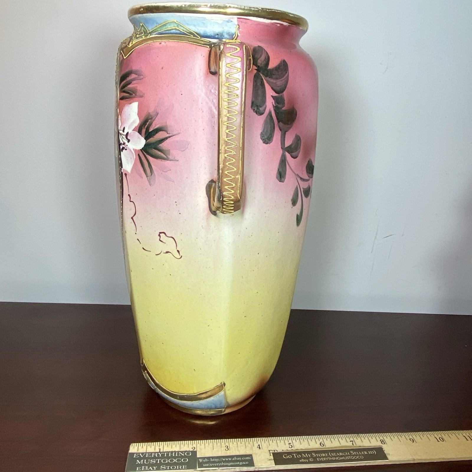 Miyako Post Nippon Floral Pink Yellow Blue Gold Grapes Handled Vase Raised Dots