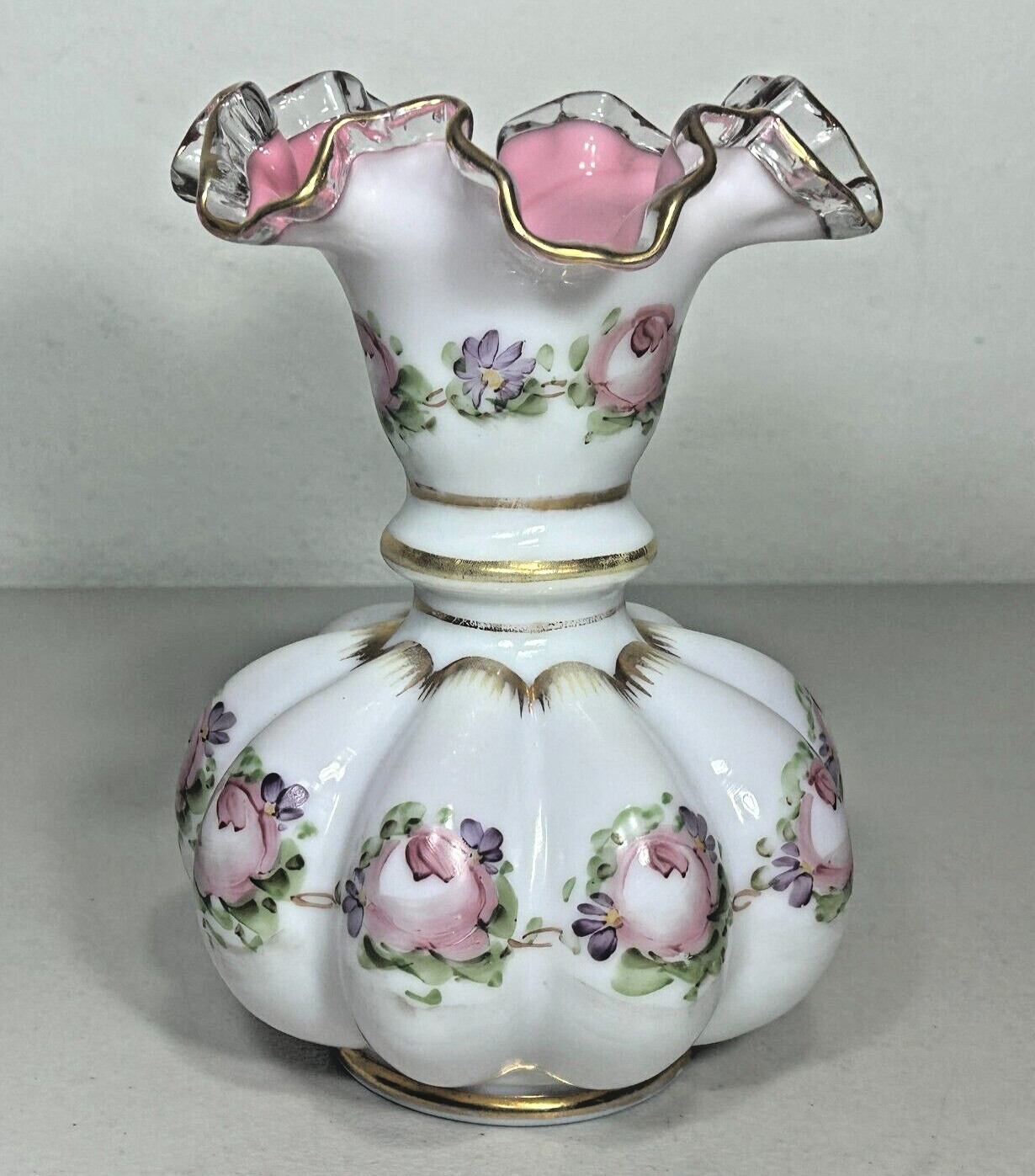 Fenton Charleton Peach Crest Melon Vase 8.5″ Hand Painted Roses Vintage