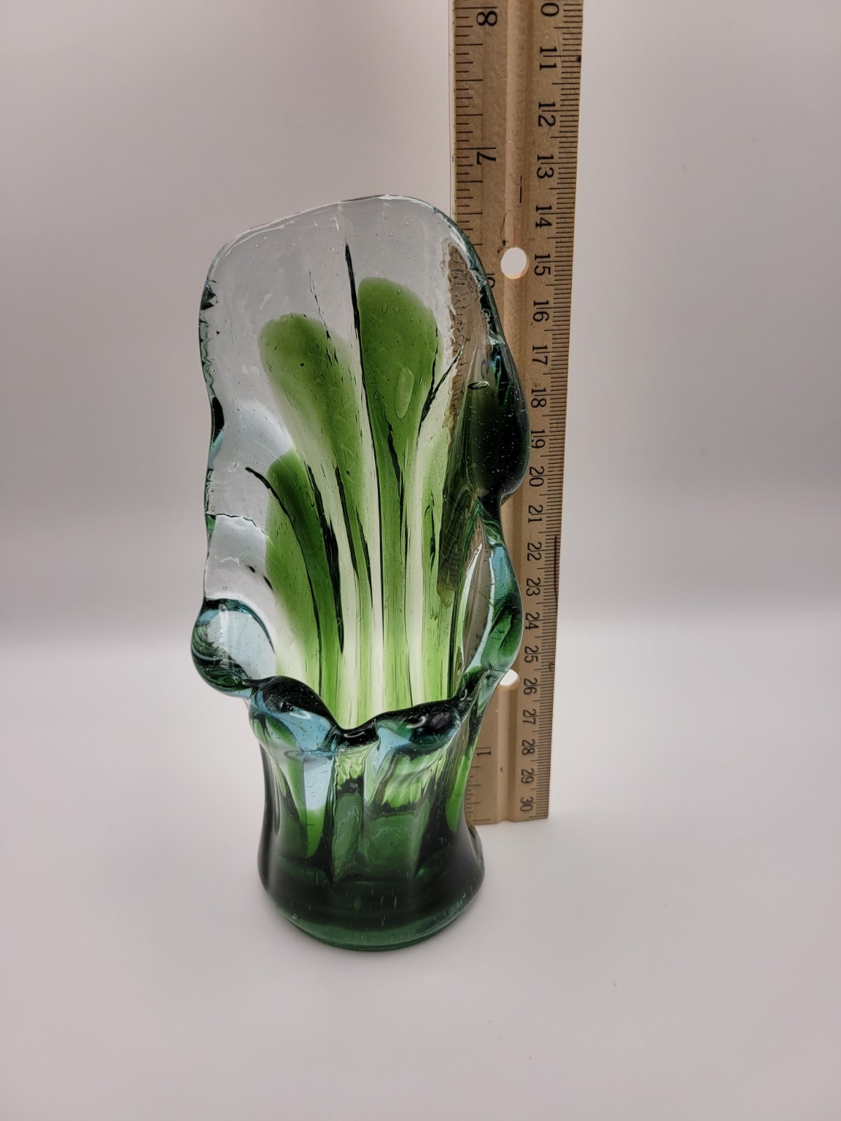 Vintage Swung Glass Vase Bohemian Style Hand Blown Green/Clear 6.5 in. Tall MCM