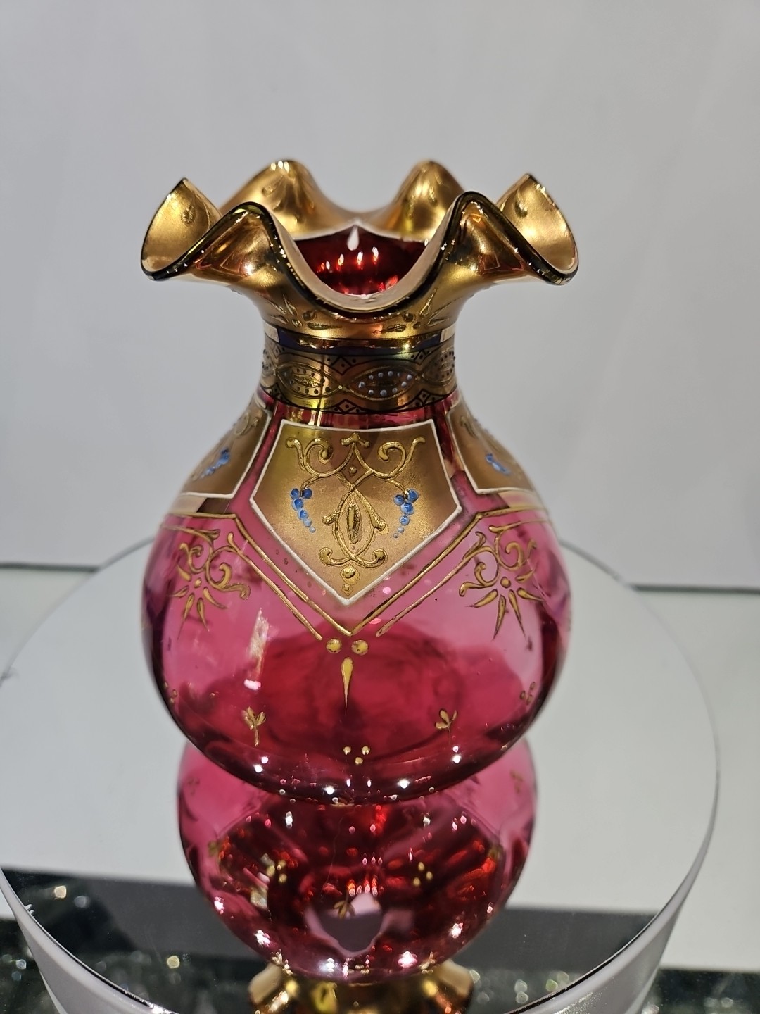 Antique Small Glass Vase, Bohemian Cranberry gold enamel , Moser / Harrach type